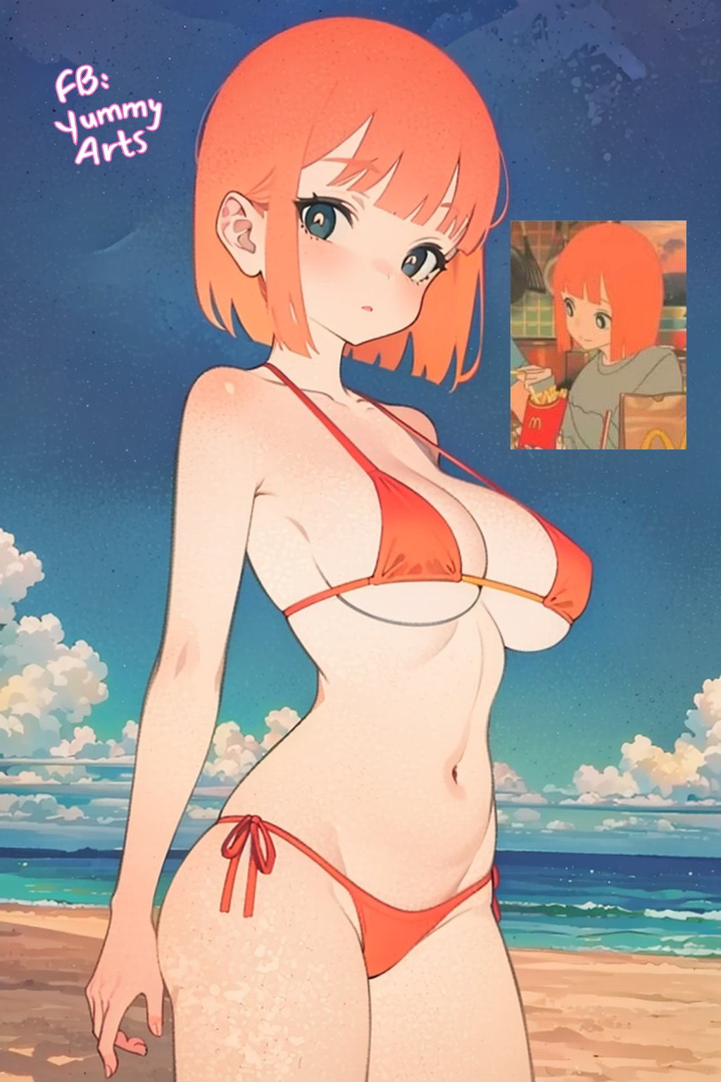 1girls, ai generated, bikini, breasts, curvy, curvy figure, female, female only, mcdonald's, mom (japanese mcdonald's commercial), navel, simple background, solo, yoru mac, yummyart
