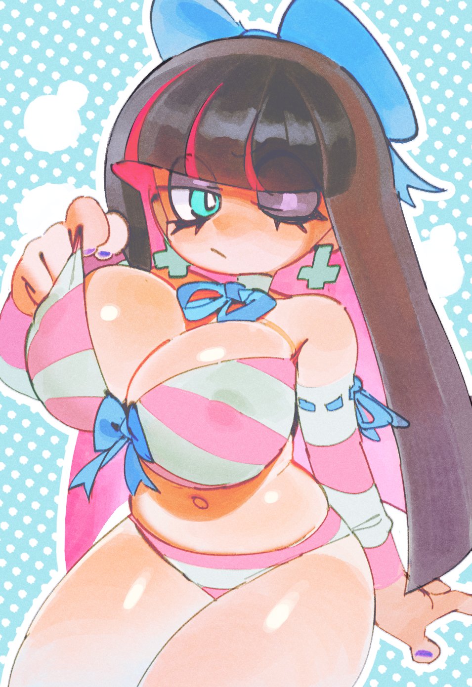 1girls big_bow big_breasts blunt_bangs bow breasts cleavage earrings eyeliner female female_only gainax goth goth_girl hair_bow hair_ornament hair_ribbon long_hair navel one_eye_closed panty_&_stocking_with_garterbelt solo stocking_anarchy striped_clothing thighs upside_down_cross wamudraws