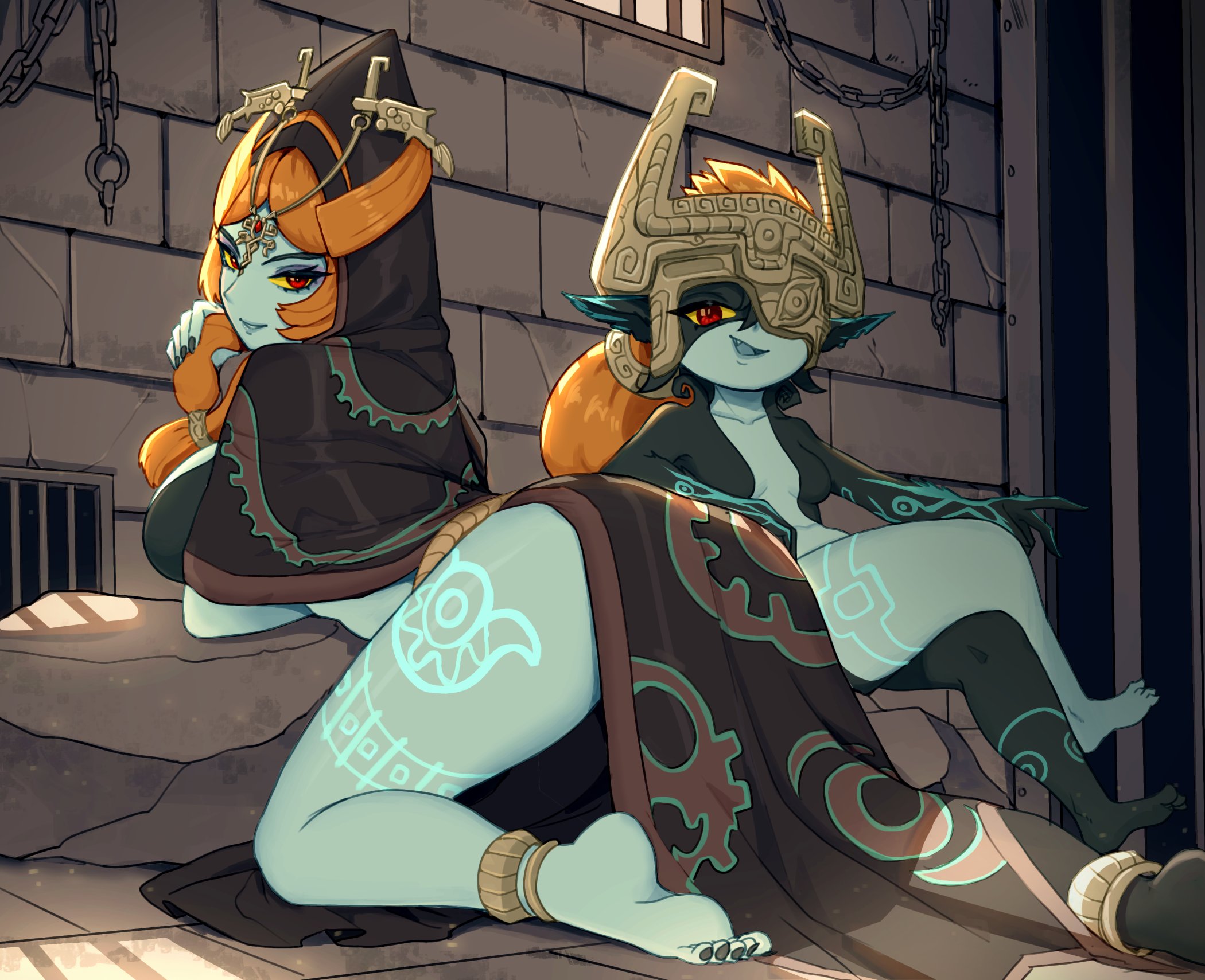 2girls, dual persona, duo, female, female only, imp, imp midna, looking at viewer, midna, multiple females, multiple girls, nintendo, orange hair, rajahdark, red eyes, smooth skin, tagme, the legend of zelda, twili, twili midna, twilight princess