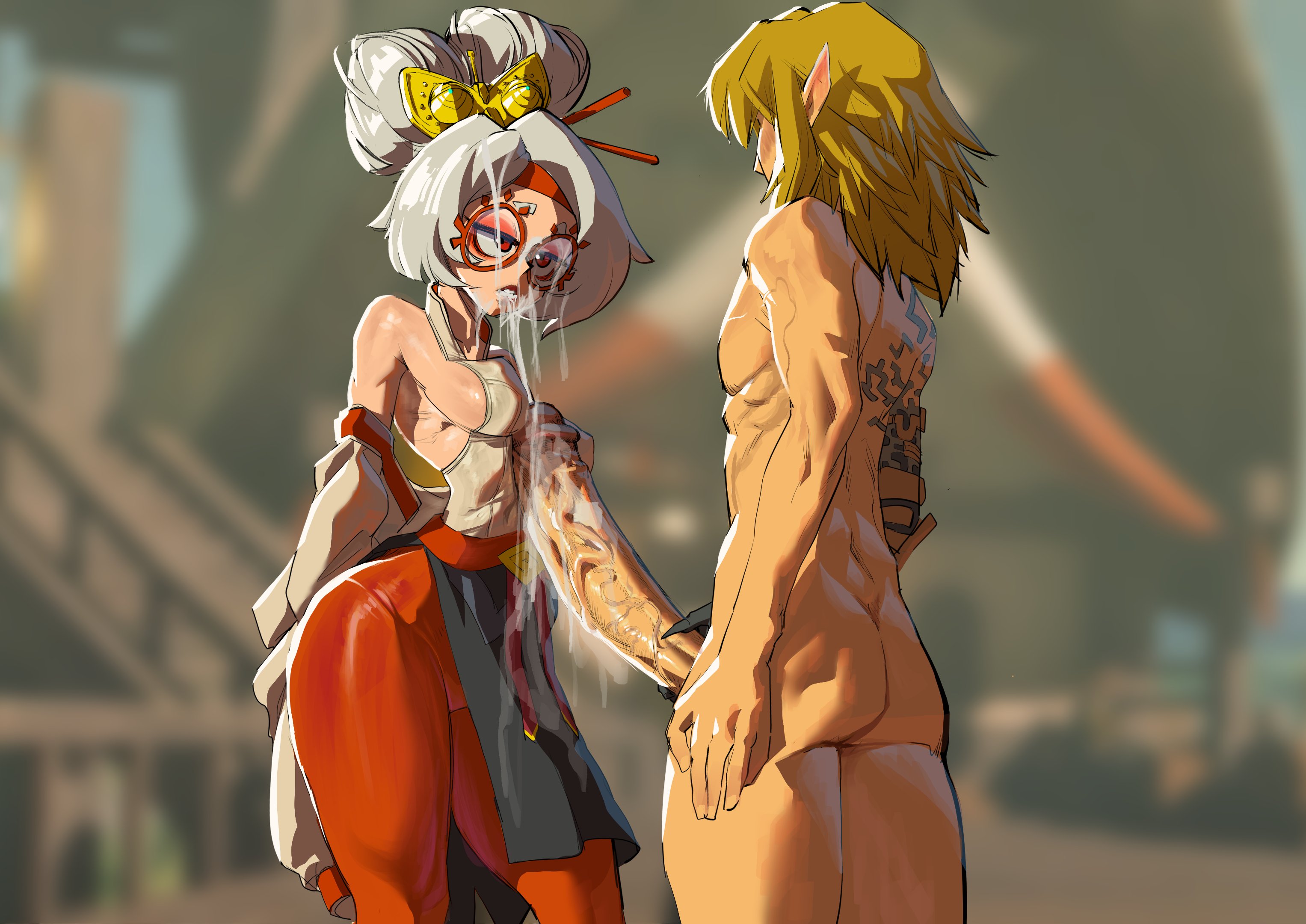 1boy, 1girls, 2020s, 2023, 2d, ass, big penis, blurry background, breasts, cfnm, chopsticks in hair, clothed, clothed female, clothed female nude male, cum, cum drip, cum in hair, cum in mouth, cum inside, cum on breasts, cum on chin, cum on clothes, cum on face, cum on glasses, cum on penis, cum on upper body, ejaculation, ejaculation between breasts, erect nipples, erect nipples under clothes, erect penis, erection, eyeless male, female, glasses, goggles, goggles on head, hair bun, hi res, holding penis, huge cock, hyper penis, light skin, light-skinned female, light-skinned male, link, link (tears of the kingdom), lord moku, male, male/female, massive penis, muscular, muscular male, naked, naked male, nintendo, nipple bulge, nipples, nude, nude male, penis, penis between breasts, purah, purah (tears of the kingdom), red eyes, red glasses, sideboob, tears of the kingdom, the legend of zelda, the legend of zelda: tears of the kingdom, veiny penis, white hair, wide hips