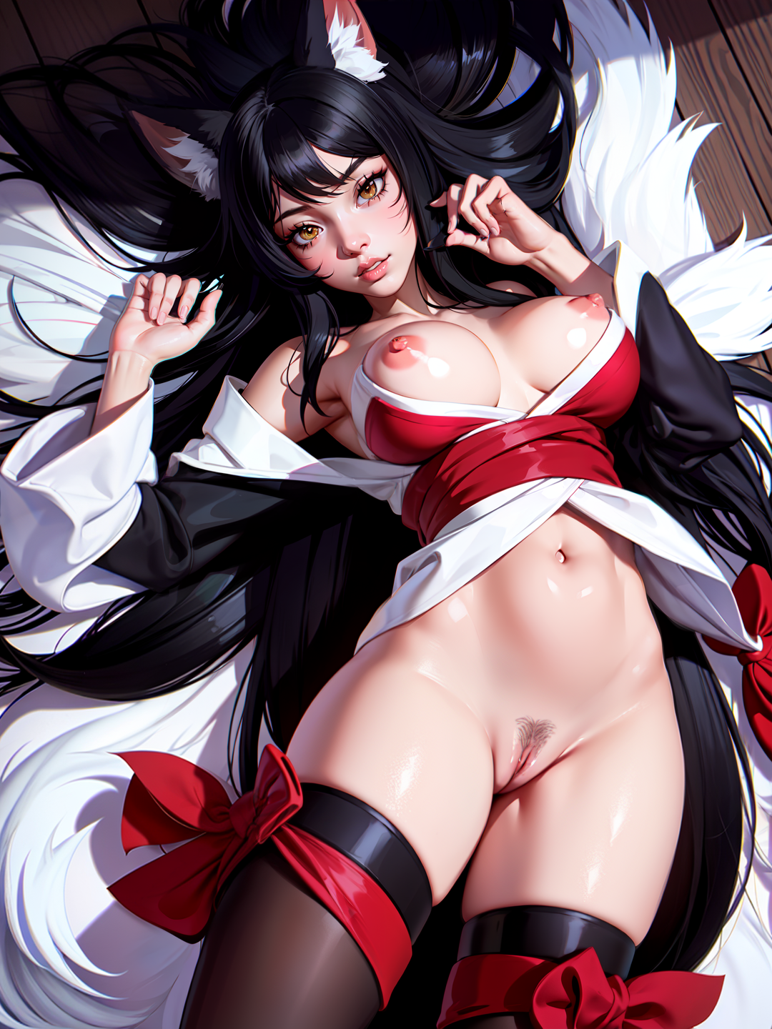 1girls, 9 tails, ahri, ai generated, black hair, female, fluffy ears, fluffy tail, fox ears, fox girl, fox tail, functionally nude, kimono, kimono pull, kimono removed, kitsune, league of legends, long hair, long sleeves, lying on back, lying on ground, multi tail, navel, nine tailed fox, pubes, pubic hair, red kimono, ribbon, solo, stable diffusion, tagme, undressed, vastaya, yellow eyes