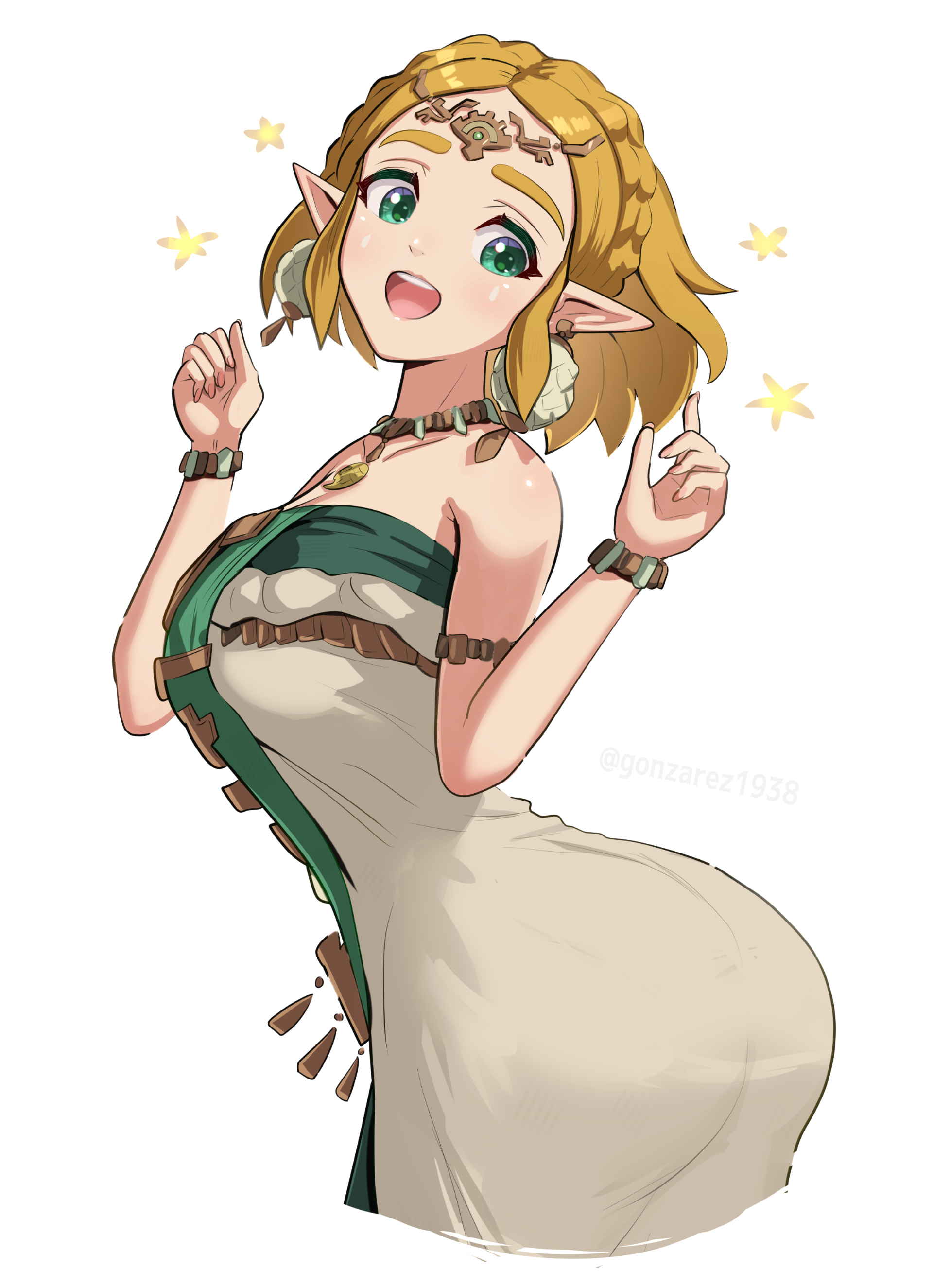 1girls, ass, big ass, blonde hair, blush, breasts, clothed, clothed female, cute, dress, female, gonzarez, green eyes, huge ass, nintendo, pointy ears, princess zelda, short hair, simple background, smile, solo, tears of the kingdom, the legend of zelda, zelda (tears of the kingdom), zonai outfit