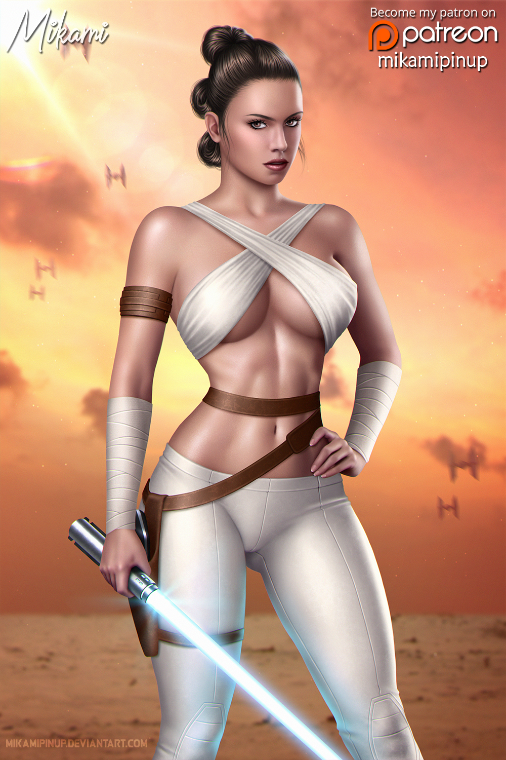 big_breasts blue_lightsaber blurred_background brown_eyes brown_hair daisy_ridley female female_only fully_clothed hair_buns hand_on_hip human jedi jedi_master large_breasts lucasfilm medium_breasts midriff mikamipinup revealing_clothes rey solo star_wars the_rise_of_skywalker tight_clothing white_legwear