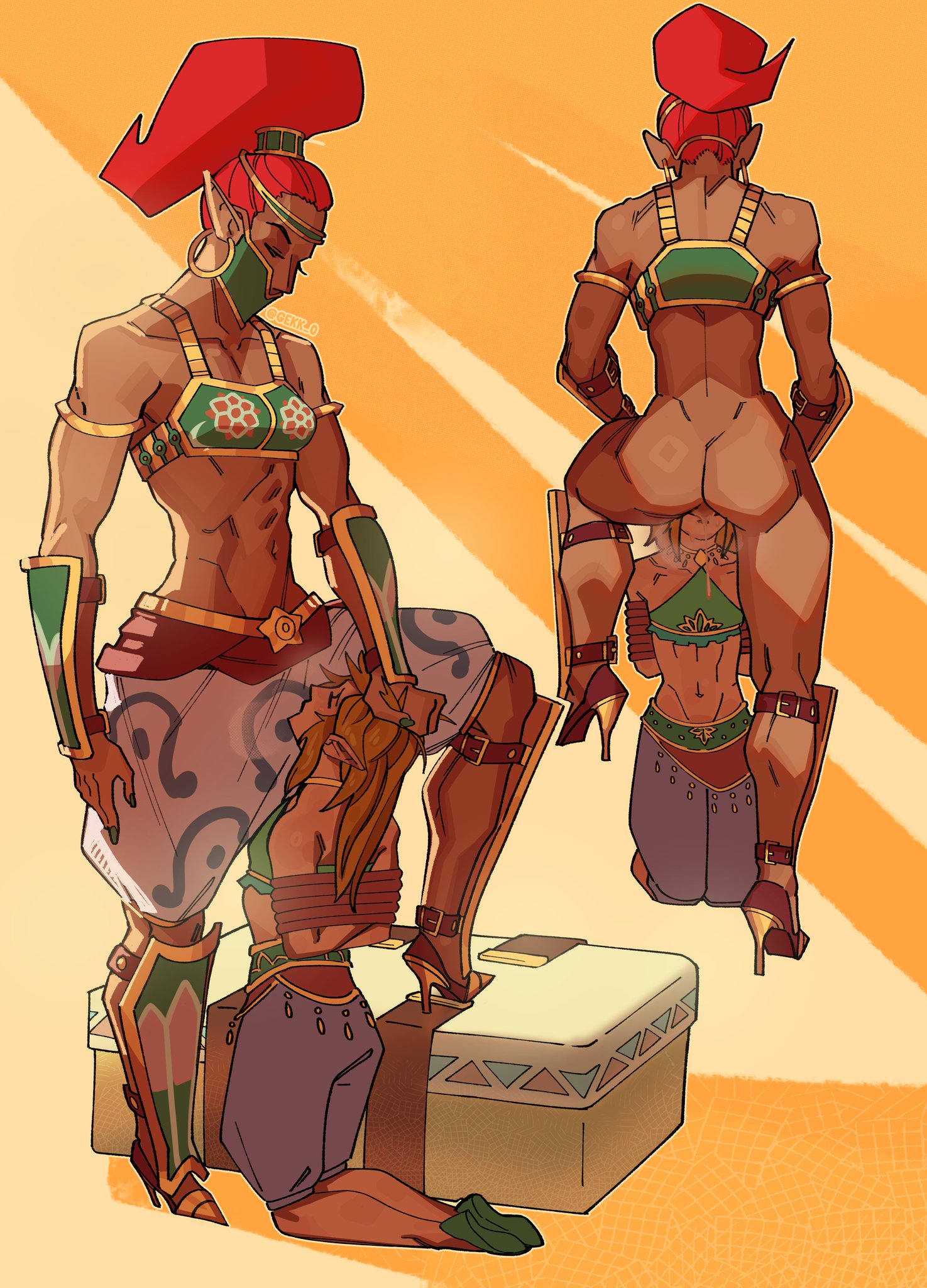 1boy, 1girls, 2023, ambiguous gender, big dom small sub, bondage, breath of the wild, crossdressing, cunnilingus, dark skin, dark-skinned female, dubious consent, duo, female, femboy, femdom, gekk 0, gerudo, gerudo link, gerudo soldier, hylian, interracial, licking, licking pussy, light skin, light-skinned male, link, link (breath of the wild), male, malesub, muscular, muscular female, nintendo, oral, oral sex, pussy, questionable consent, sex, size difference, straight, the legend of zelda, tied up