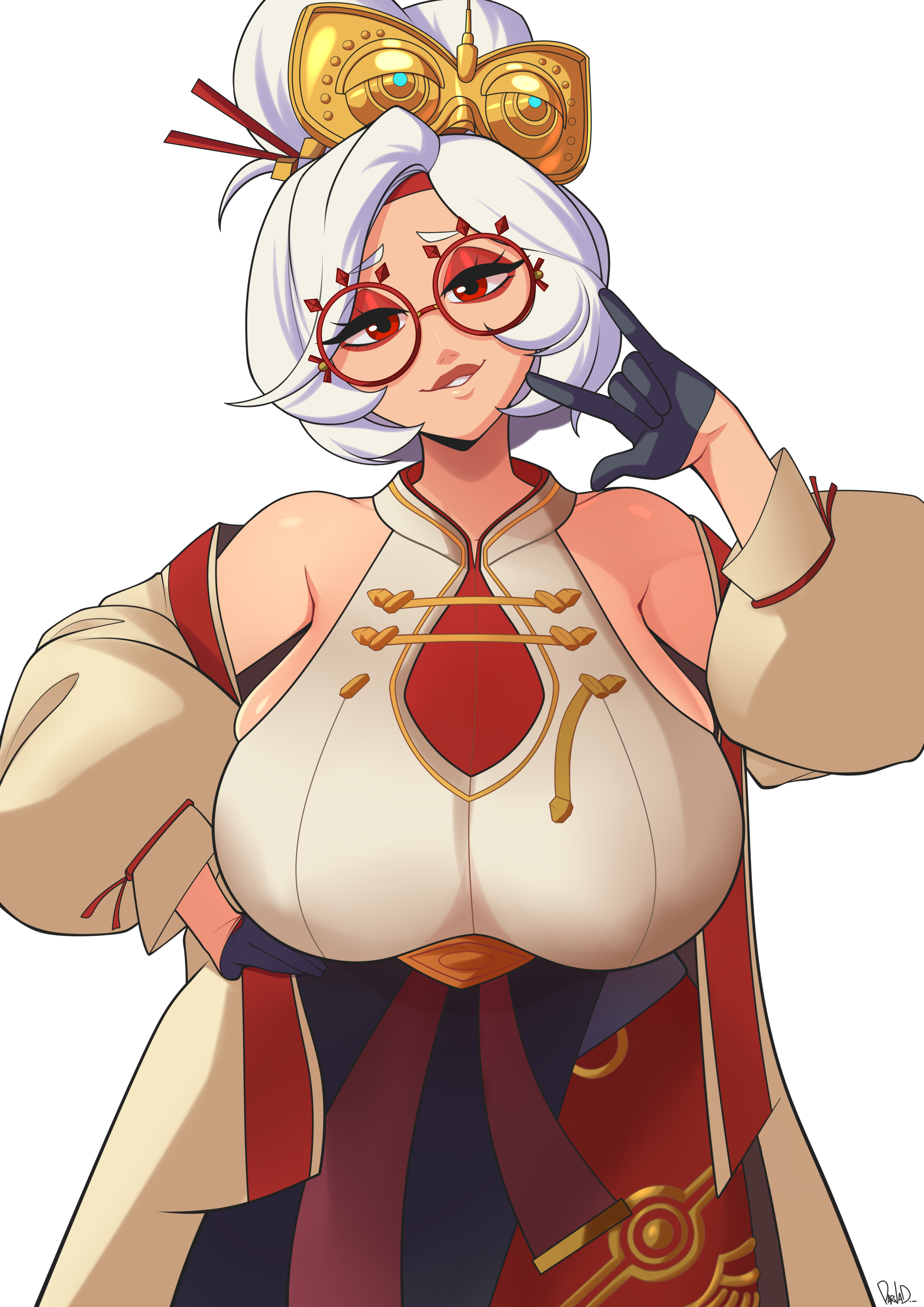 1girls, alternate breast size, breasts, female, glasses, hi res, high resolution, huge breasts, large breasts, nintendo, parvad, purah, purah (tears of the kingdom), red eyes, tears of the kingdom, the legend of zelda, white hair