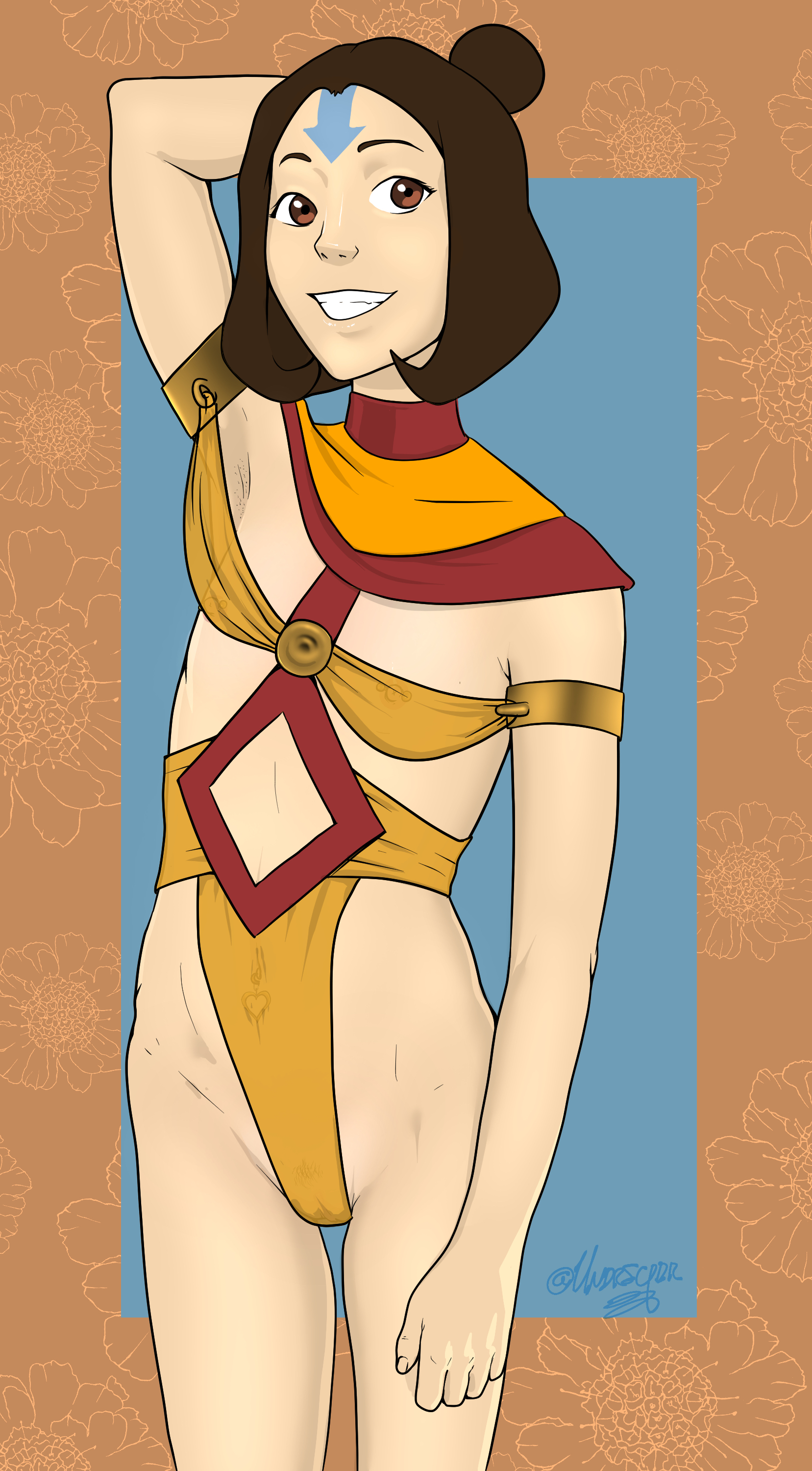 1girls, air nomad, airbender tattoo, arm behind head, avatar legends, breasts, cameltoe, female, jinora, pussy, revealing clothes, small breasts, smile, smiling, solo, solo female, standing, the legend of korra, undrsydr