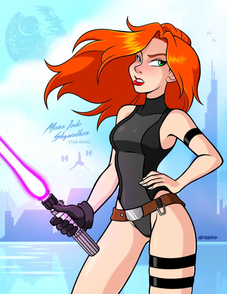 belt black_leotard bold-n-brash breasts fully_clothed glove green_eyes hand_on_hip leotard light_skin lightsaber lipstick mara_jade mara_jade_skywalker married purple_lightsaber red_hair solo star_wars star_wars_legends