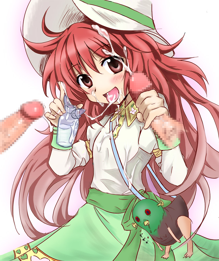 blush brown_eyes brown_hair cum cum_in_mouth cum_on_clothes cum_on_hair cum_on_tongue dress facial hanato_kobato handjob hat jar kobato kobato. penis red_hair tekoki tongue