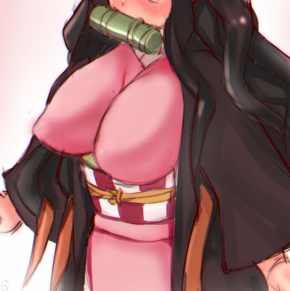 alternate breast size, blush, breasts, demon slayer, female, gag, haori, kamado nezuko, keigi (artist), kimetsu no yaiba, kimono, nipple bulge, obi, solo