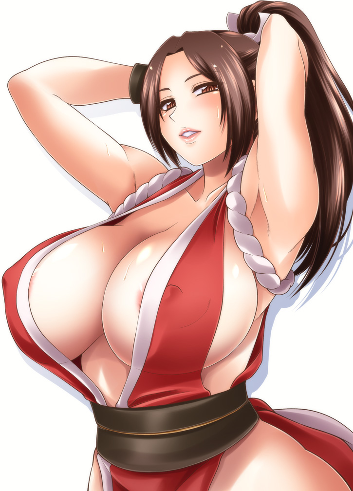 1girls, armpits, arms behind head, big breasts, breasts, brown hair, busty, cleavage, covered erect nipples, fatal fury, female, female only, king of fighters, large breasts, long hair, mai shiranui, parted lips, pink lips, ponytail, pose, posing, seductive smile, sensual, sexy armpits, smile, snk, sweat, zvizva-dan