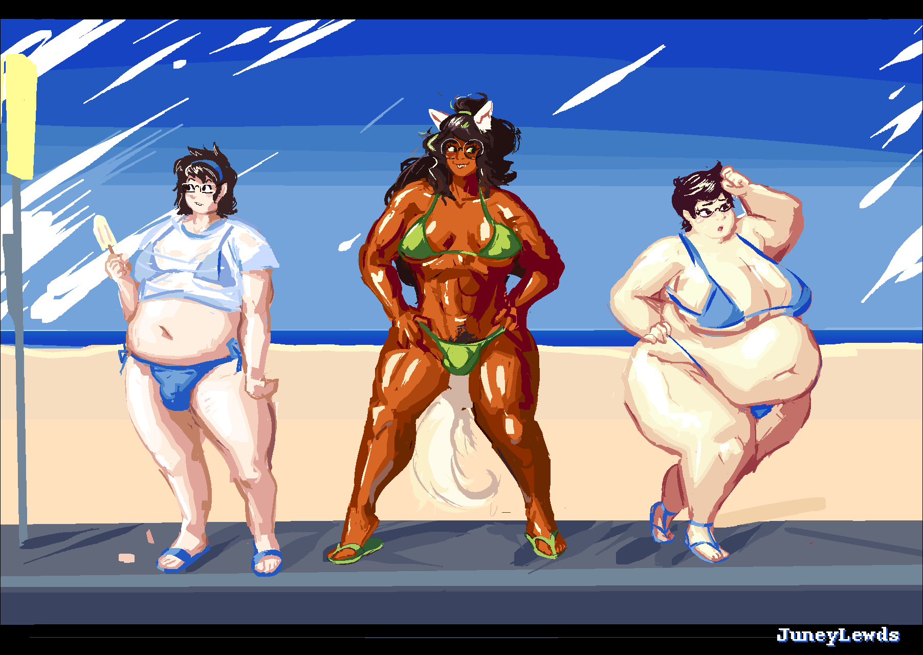 3futas animal_ears beach bikini breasts bulge chubby chubby_futanari clothed clothing dark-skinned_futanari dark_skin dog_ears female futanari homestuck huge_breasts human humanoid jade_harley jane_crocker june_egbert juneylewds kemonomimi light-skinned_futanari light_skin mostly_nude muscular muscular_futanari obese obese_female overweight overweight_female ponytail pubic_hair public sand sandals self_upload small_breasts standing