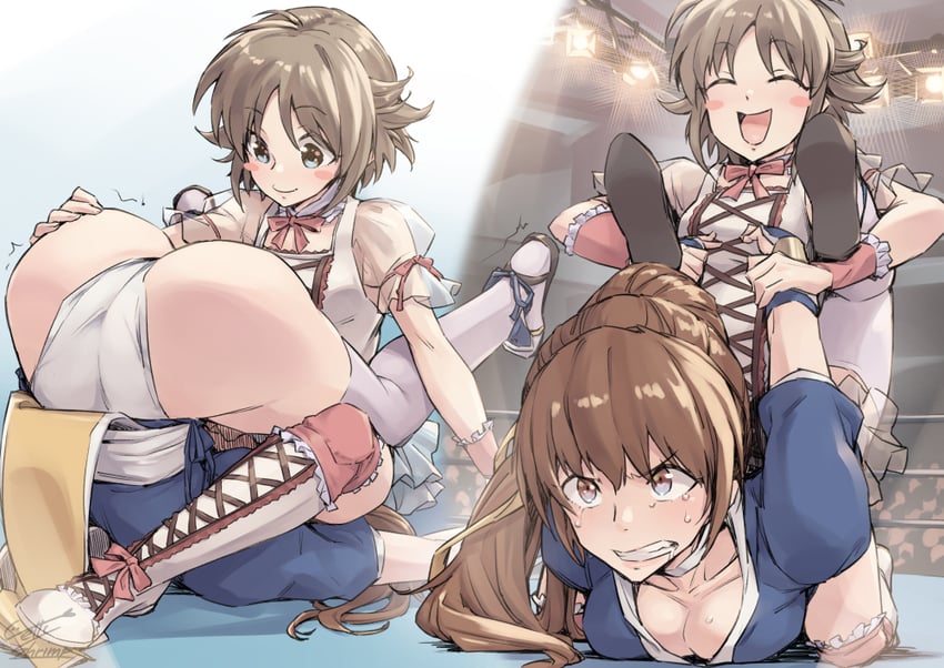 2girls age_difference ass boots breasts brown_eyes brown_hair catfight choker dead_or_alive enomoto_aya folded jelly_shrimp joint_lock kasumi_(doa) leotard multiple_girls pain panties smile smiling submission_hold wrestle_angels wrestling