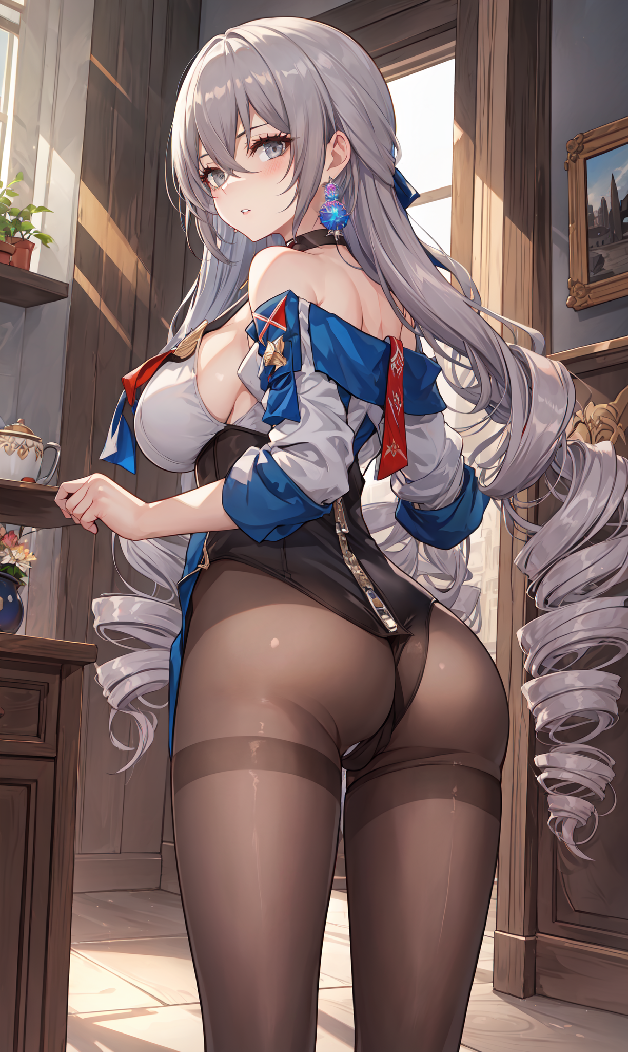 ai generated, ass, ass focus, bare shoulders, big ass, big butt, blush, bodysuit, breasts, bronya rand, bubble ass, bubble butt, cameltoe, detached sleeves, drill hair, earrings, female, from behind, from below, hair ribbon, honkai (series), honkai: star rail, large breasts, leotard, long hair, looking at viewer, looking back, pantyhose, parted lips, pussy, shiny, shiny clothes, shiny hair, shiny skin, sideboob, silver eyes, silver hair, solo, twin drills, very long hair