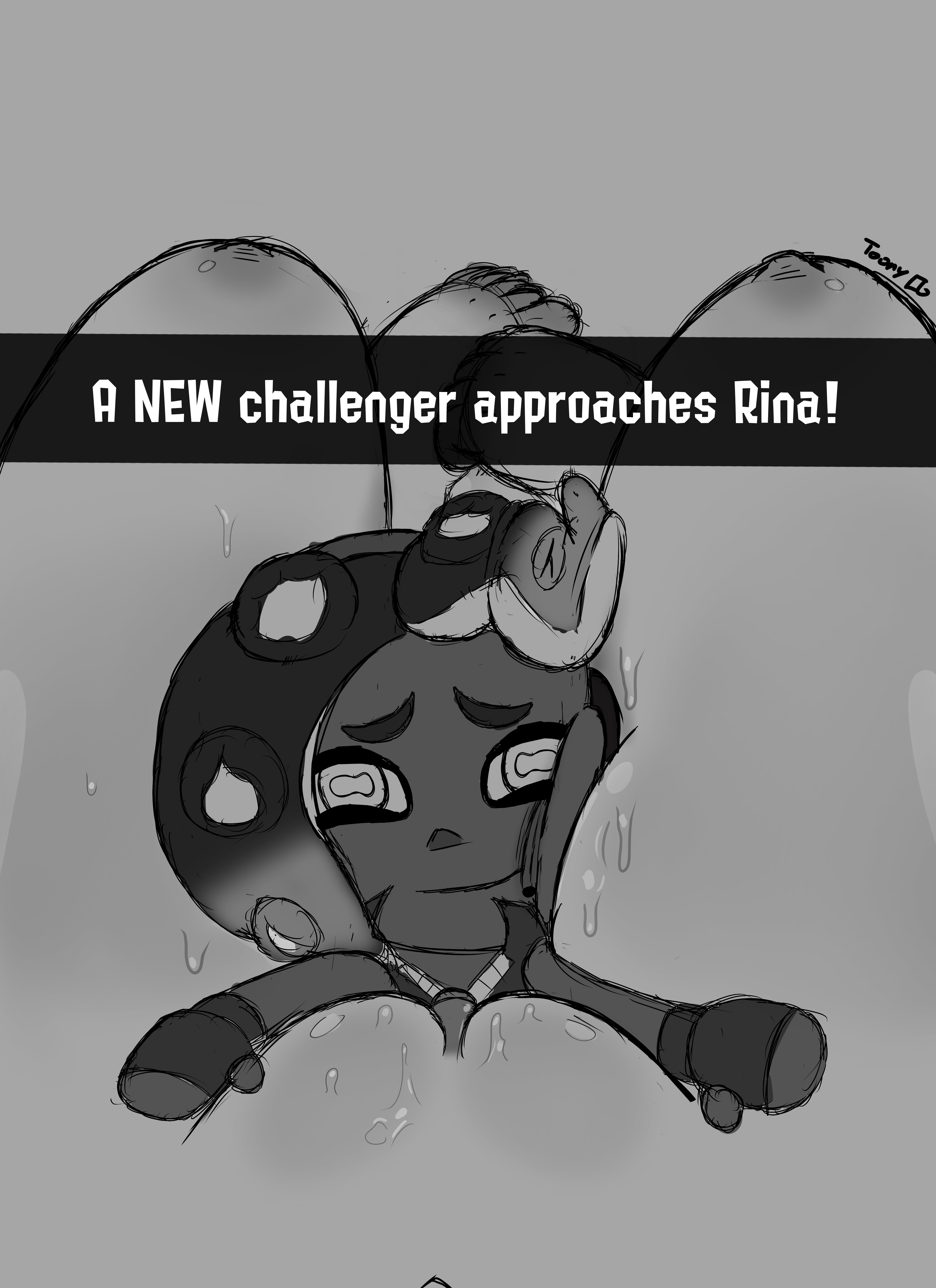 1girls, between thighs, caption, feet, feet up, female, female/female, lewdtoonyguy, light skin, light-skinned female, marina (splatoon), monochrome, pale skin, pale-skinned female, pearl (splatoon), plush, plushie, pussy, splatoon, splatoon (series), splatoon 2