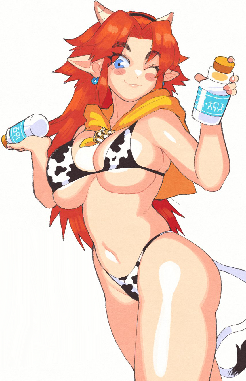 1girls animal_print big_breasts bikini blue_eyes breasts bursting_breasts busty cleavage cow_print cow_print_bikini cremia female female_only highres inkuusan large_breasts legs long_hair looking_at_viewer majora's_mask malon milk navel nintendo ocarina_of_time one_eye_closed orange_hair solo swimsuit the_legend_of_zelda thighs voluptuous wink