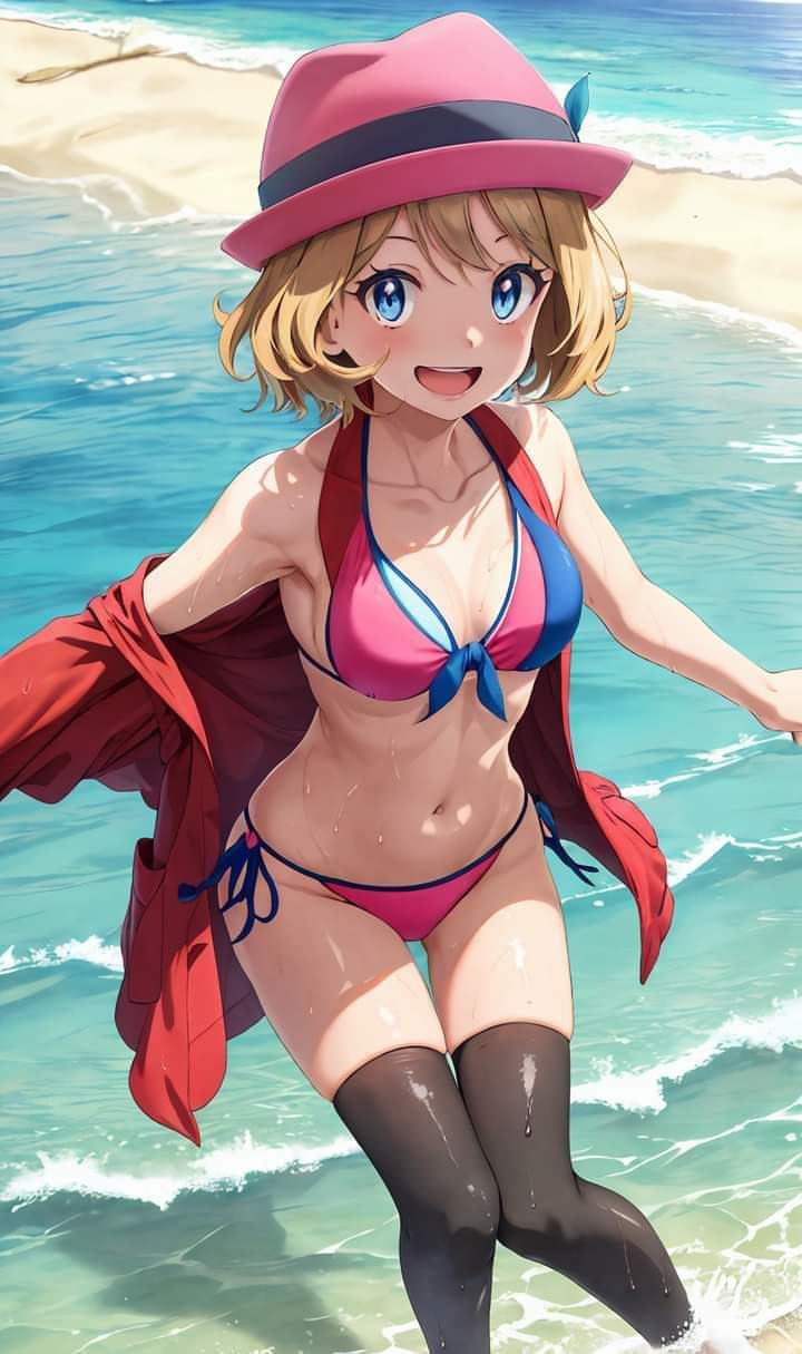 1girls, ai generated, beach, black socks, blonde hair, blue eyes, bra, breasts, coat, female, flushed, hat, panties, pink bra, pink panties, pokemon, serena (pokemon), short hair, smiling, socks, swimsuit, thighs