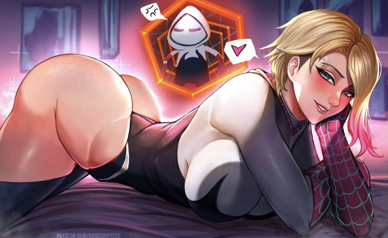 1girls, badcompzero, blonde, blonde female, blonde hair, breasts, busty, eyebrow piercing, female, female only, gwen stacy, gwen stacy (spider-verse), human, human only, light skin, light-skinned female, marvel, marvel comics, multicolored hair, shaved side, spider-gwen, spider-man (series), spider-man: across the spider-verse, superhero costume, superheroine