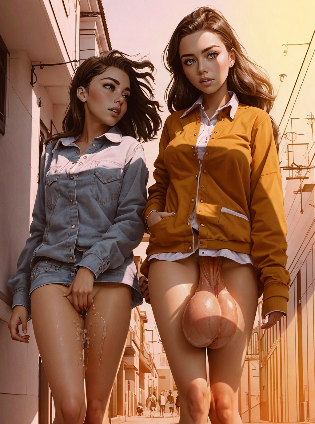 1futa 1girls ai_generated balls_out bottomless brown_hair brunette brunette_futa casual_exposure exposed_balls_hidden_shaft futanari huge_balls jacket masturbating outdoors pussy_juice pussy_juice_drip sagging_balls sqb-peregrine walking