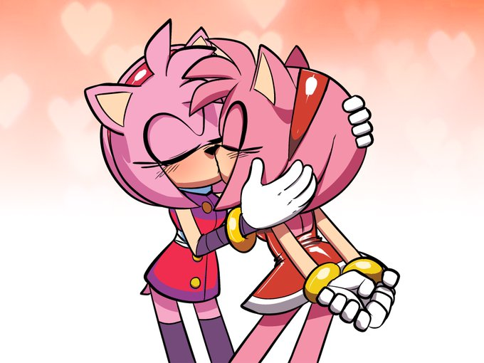 2d, 2girls, amy rose, amy rose (boom), anthro, anthro on anthro, clothed, clothed female, clothing, cute, deep kissing, dual persona, female, female anthro, female focus, female only, female/female, hands behind back, hands on head, headband, kissing, lesbian, miniskirt, mobian (species), purple leggings, red dress, selfcest, sonic (series), sonic boom, sonic the hedgehog (series), square crossover, thigh highs, white gloves, yuri