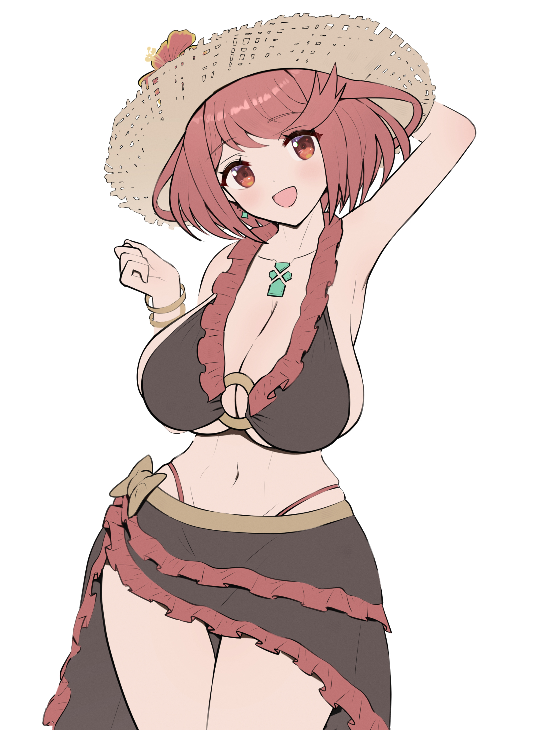 1girls, arm behind head, armpits, big breasts, bikini, breasts, busty, child bearing hips, cleavage, core crystal, female, female only, gonzarez, hat, highres, huge breasts, looking at viewer, navel, o-ring, o-ring bikini, pose, posing, pyra, pyra (xenoblade), red hair, sarong, short hair, skindentation, smile, solo, straw hat, swimsuit, thong bikini, voluptuous, xenoblade (series), xenoblade chronicles 2, yellow eyes