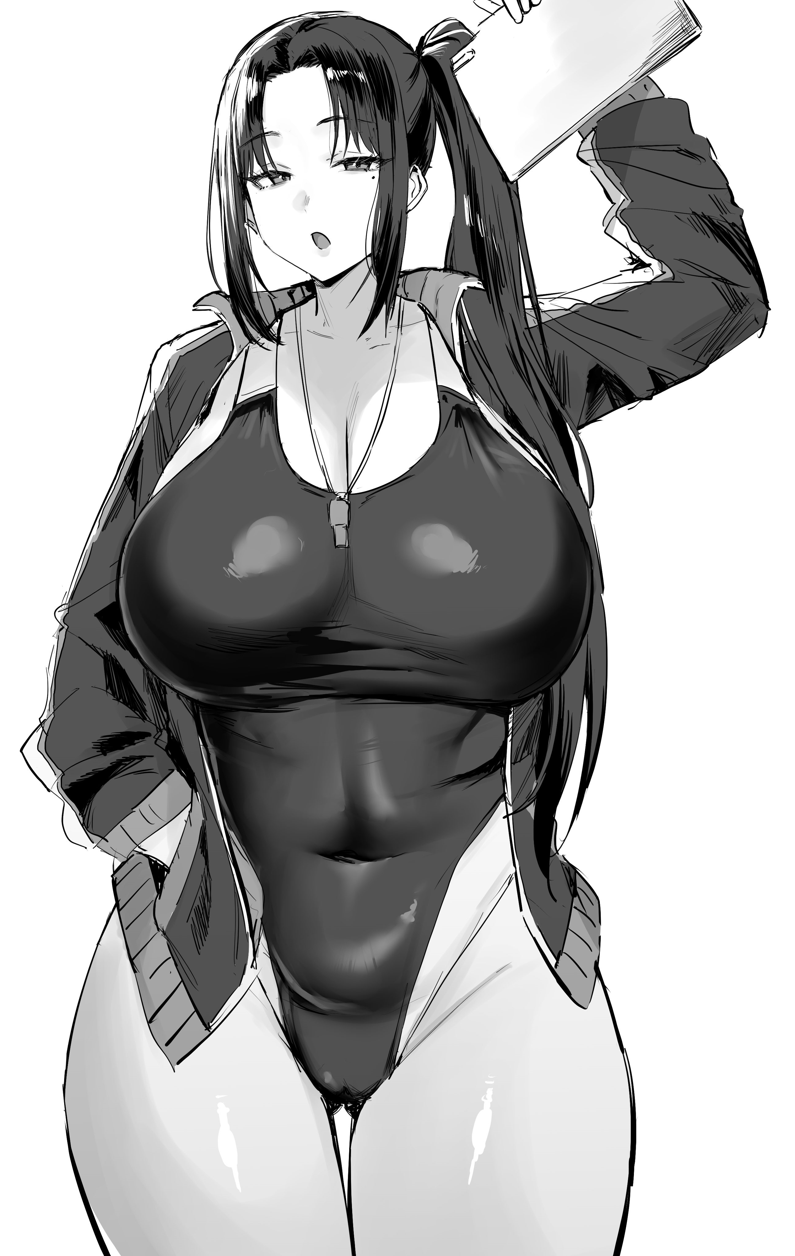 1girls, big breasts, breasts, busty, character request, child bearing hips, covered navel, female, female only, highres, hotate-chan, jacket, large breasts, legs, long hair, looking at viewer, monochrome, one-piece swimsuit, open clothes, open jacket, ponytail, solo, swimsuit, teacher, thick thighs, thighs, voluptuous, wide hips