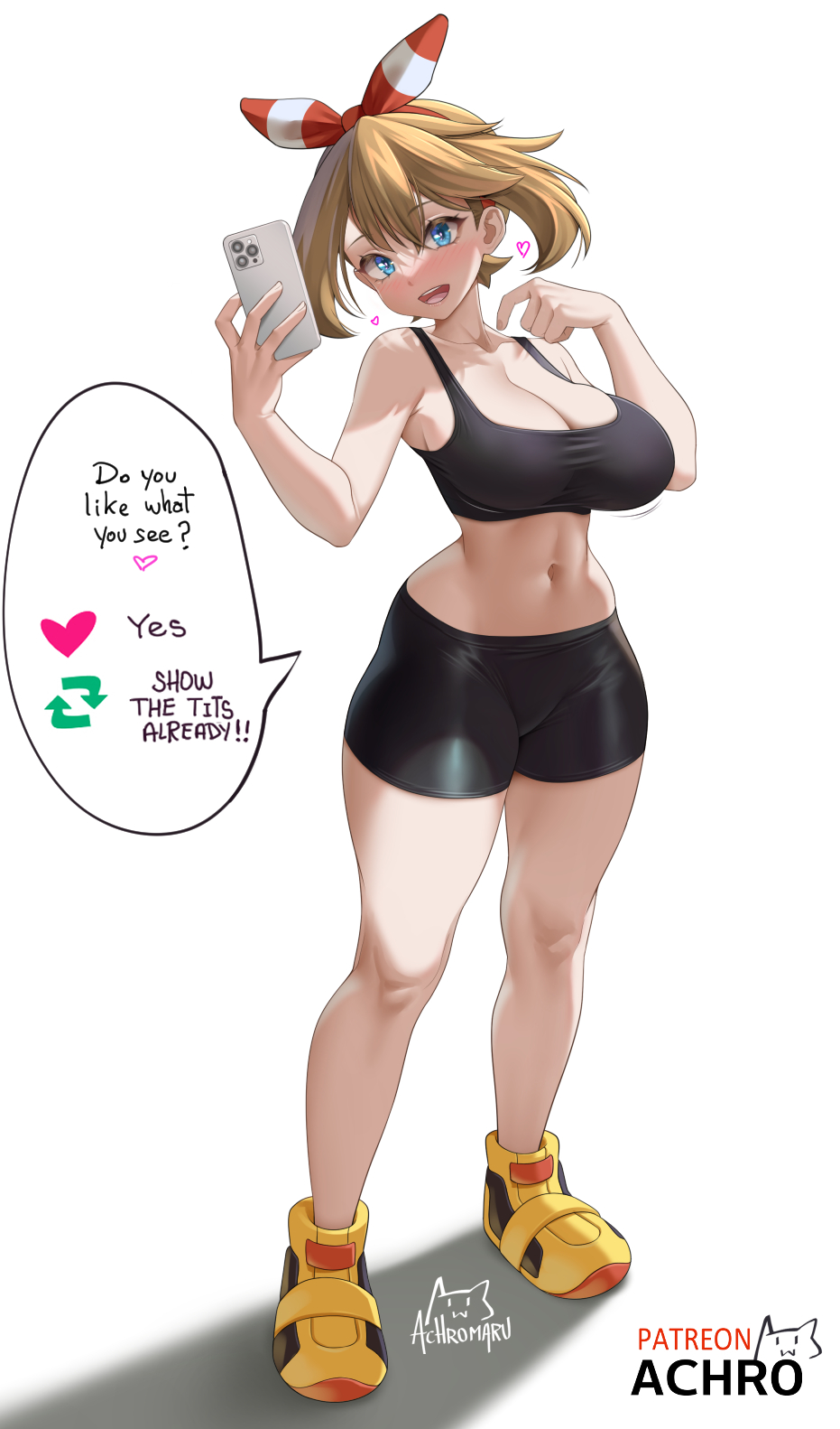1girls, 2d, achromaru, blue eyes, breasts, brown hair, female, hips, human, jpeg, large breasts, light skin, light-skinned female, long hair, massive breasts, may (pokemon oras), may (pokemon), nintendo, pokemon, pokemon oras, shoes, shorts, thick thighs, thighs, wide hips