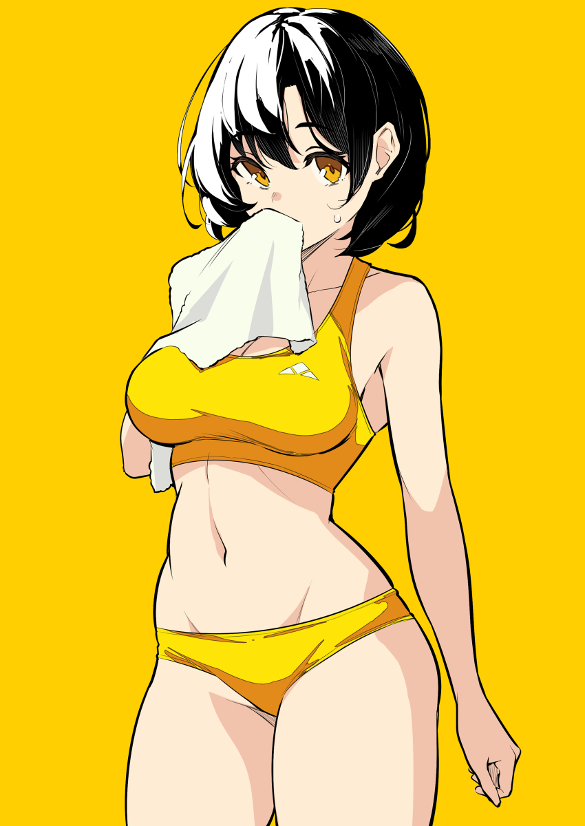 1girls big_breasts black_hair breasts busty cleavage female female_only highres kekemotsu large_breasts legs looking_at_viewer navel short_hair solo sports_bra thighs towel voluptuous yellow_eyes