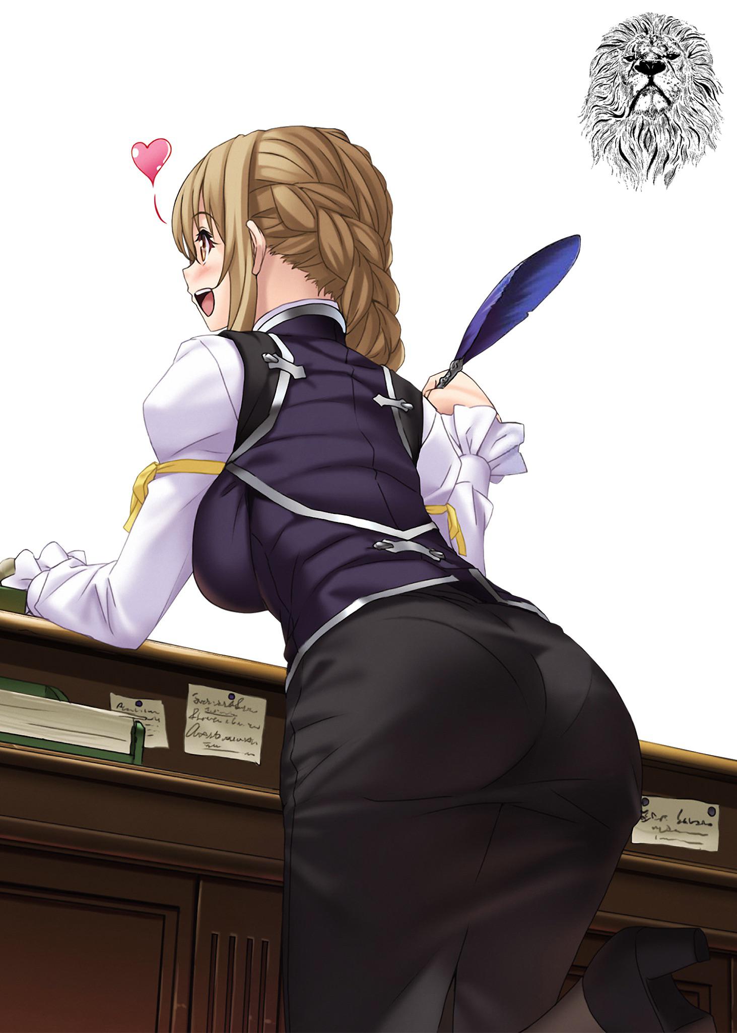 1girls ass big_ass big_breasts braid breasts brown_eyes bubble_butt busty fat_ass female female_only goblin_slayer guild_girl_(goblin_slayer) hair_bun happy heart highres large_breasts legs long_skirt official_art open_mouth sideboob skirt smile solo thighs voluptuous