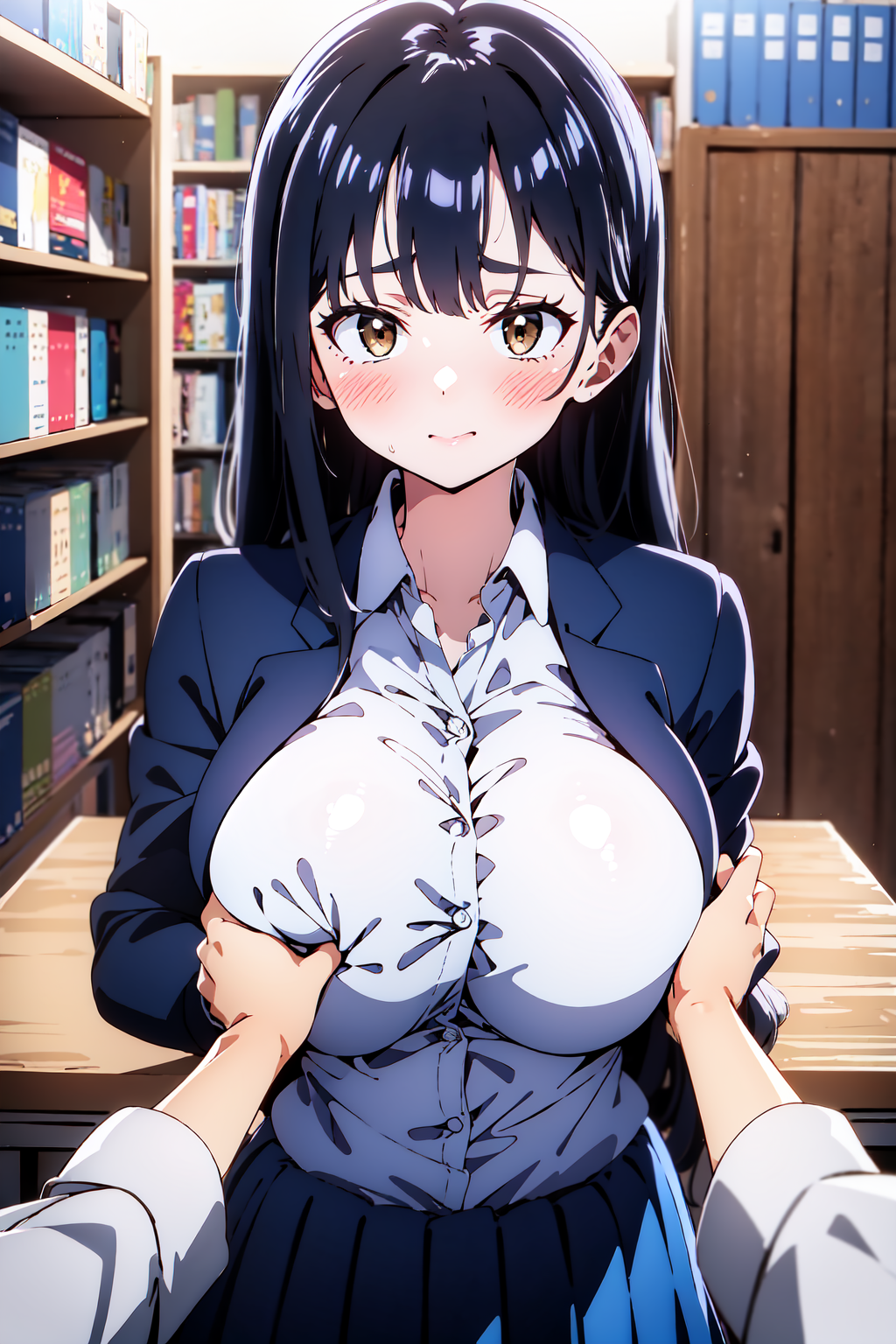 1girls ai_generated black_hair blush boku_no_kokoro_no_yabai_yatsu breast_grab breast_squeeze busty clothed coat female groping library looking_at_viewer oppaimaker pov school_uniform schoolgirl skirt stable_diffusion submissive submissive_female teenager yamada_anna