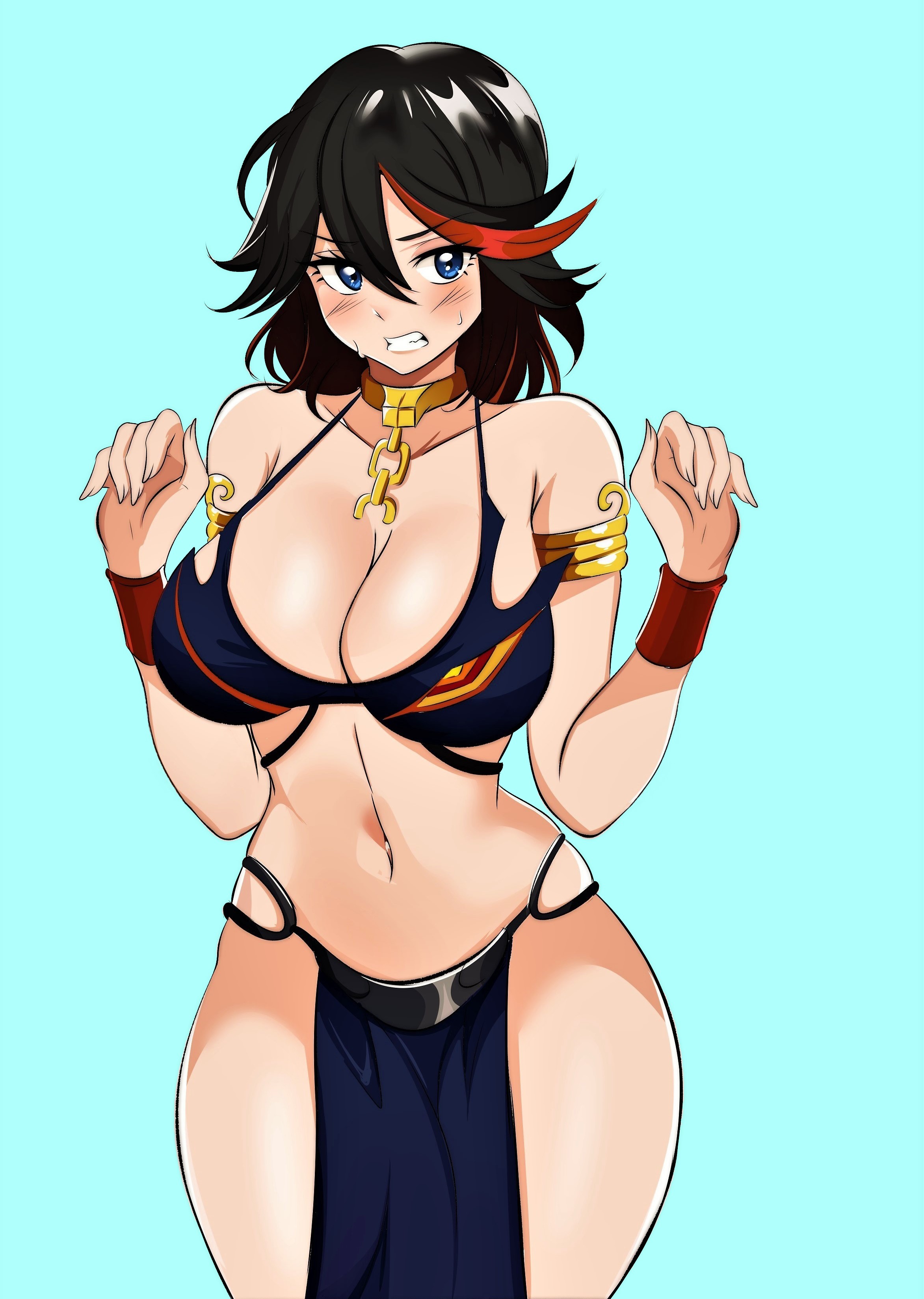1girls, armlet, azmiyudista, bare shoulders, belly dancer, big breasts, black hair, black-haired female, blue background, blue eyes, blush, bracer, breasts, busty, chains, choker, cleavage, collarbone, cosplay, cowboy shot, feet out of frame, female, female only, frustrated, hair between eyes, hands up, harem outfit, highres, kill la kill, large breasts, legs, lips, looking at viewer, matoi ryuuko, medium hair, midriff, multicolored hair, navel, parted lips, pelvic curtain, red hair, secretly loves it, senketsu, short hair, simple background, slave, slave bikini, slave leia (cosplay), slave outfit, solo, standing, star wars, streaked hair, sweat, teeth, thick thighs, thighs, voluptuous, wide hips, yellow choker