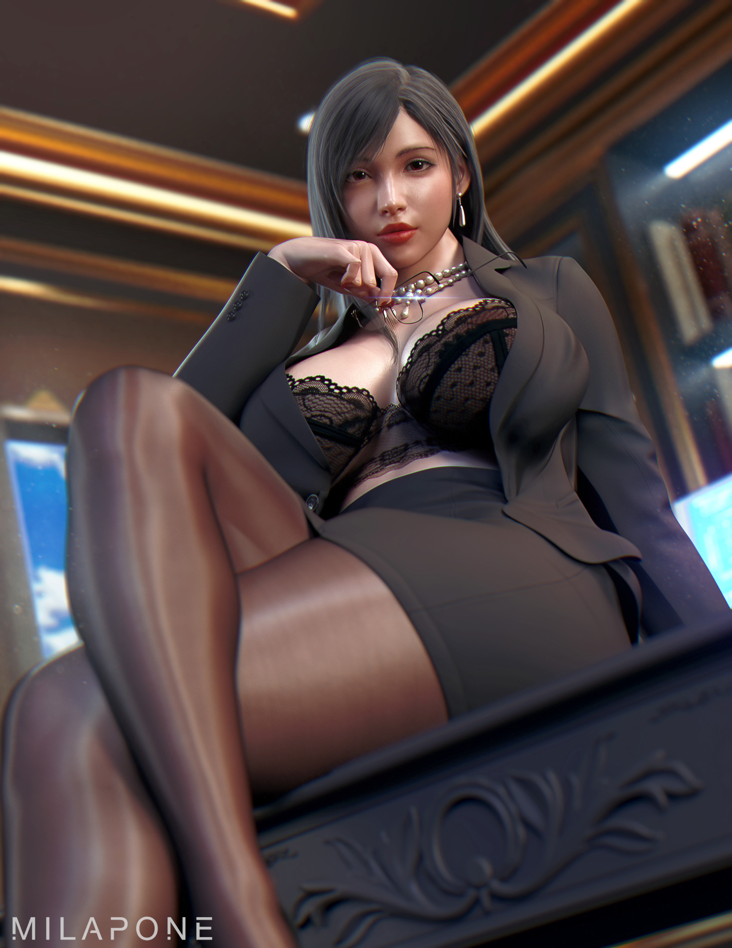 1girls, 3d, abs, absurd res, alternate version available, ass, big breasts, black hair, breasts, bubble ass, bubble butt, female, female focus, female only, final fantasy, final fantasy vii, final fantasy vii remake, hi res, huge breasts, large breasts, lipstick, long fingernails, milapone, muscle tone, muscles, muscular, muscular arms, muscular ass, muscular back, muscular female, muscular legs, muscular thighs, navel, panties, red eyes, red nail polish, skirt, smooth skin, solo, solo female, square enix, suit, suit jacket, thick thighs, tifa lockhart, toned, toned female, underwear, wide hips