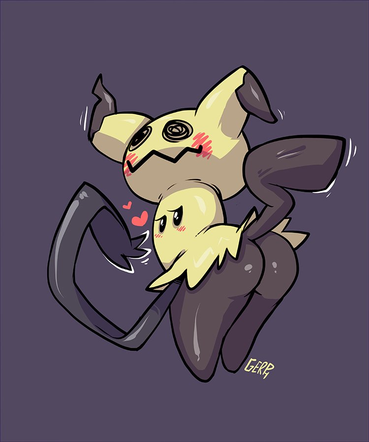 ambiguous gender, ass, black body, blush, costume, gerph, heart, looking back, mimikyu, pokemon, pokemon (species), solo, tagme, tail, thick, thick thighs