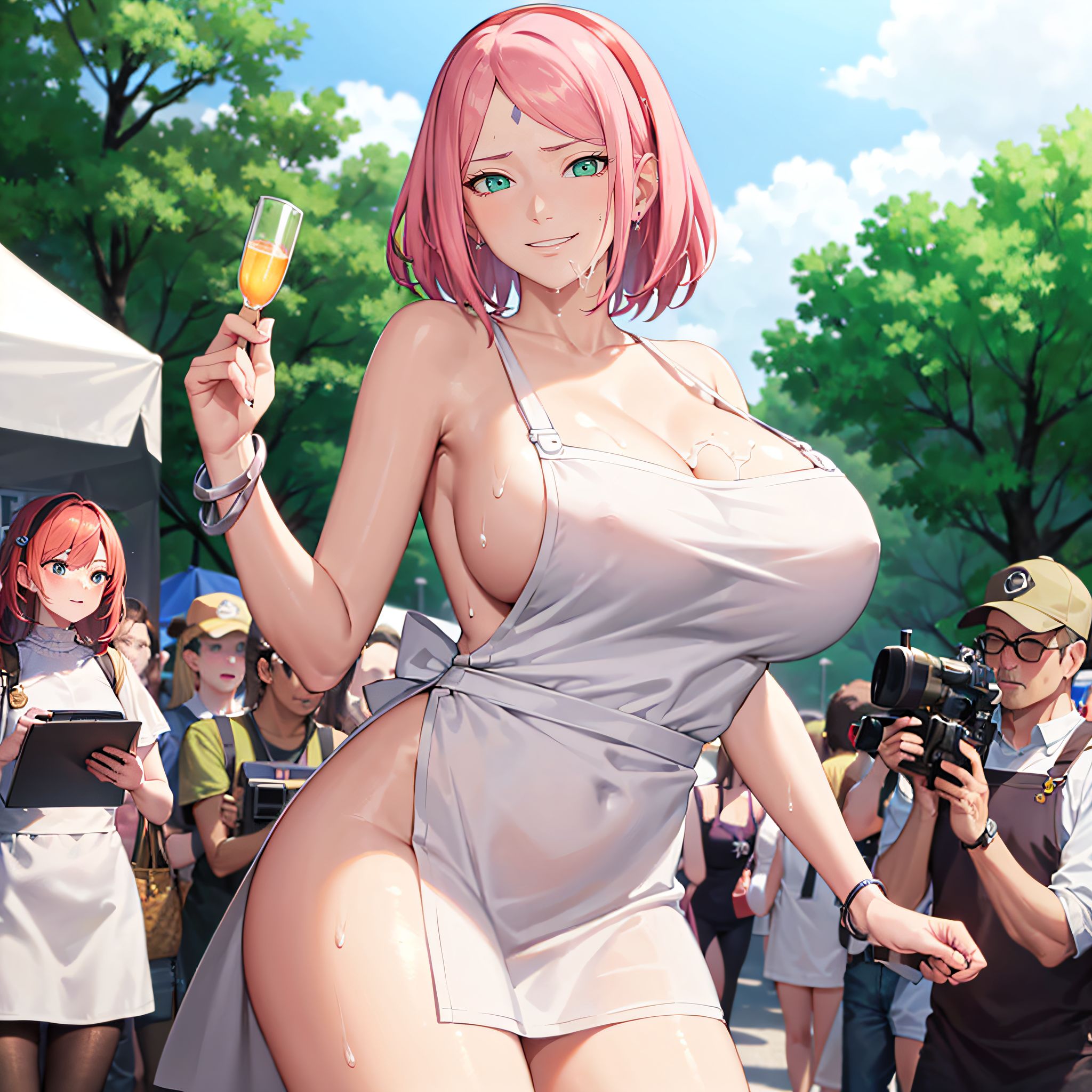 1girls, ai generated, apron, apron only, barely clothed, being watched, bob cut, boruto: naruto next generations, breasts, champagne, champagne glass, cleavage, curvaceous, exhibitionism, exhibitionist, facial mark, female, female focus, forehead mark, glass, green eyes, haruno sakura, holding object, jordan53, looking at viewer, mature, mature female, milf, mostly nude, nai diffusion, naruto, naruto (series), nasty ai, parted bangs, people in background, pink hair, sakura haruno, solo, solo focus, stable diffusion, voluptuous
