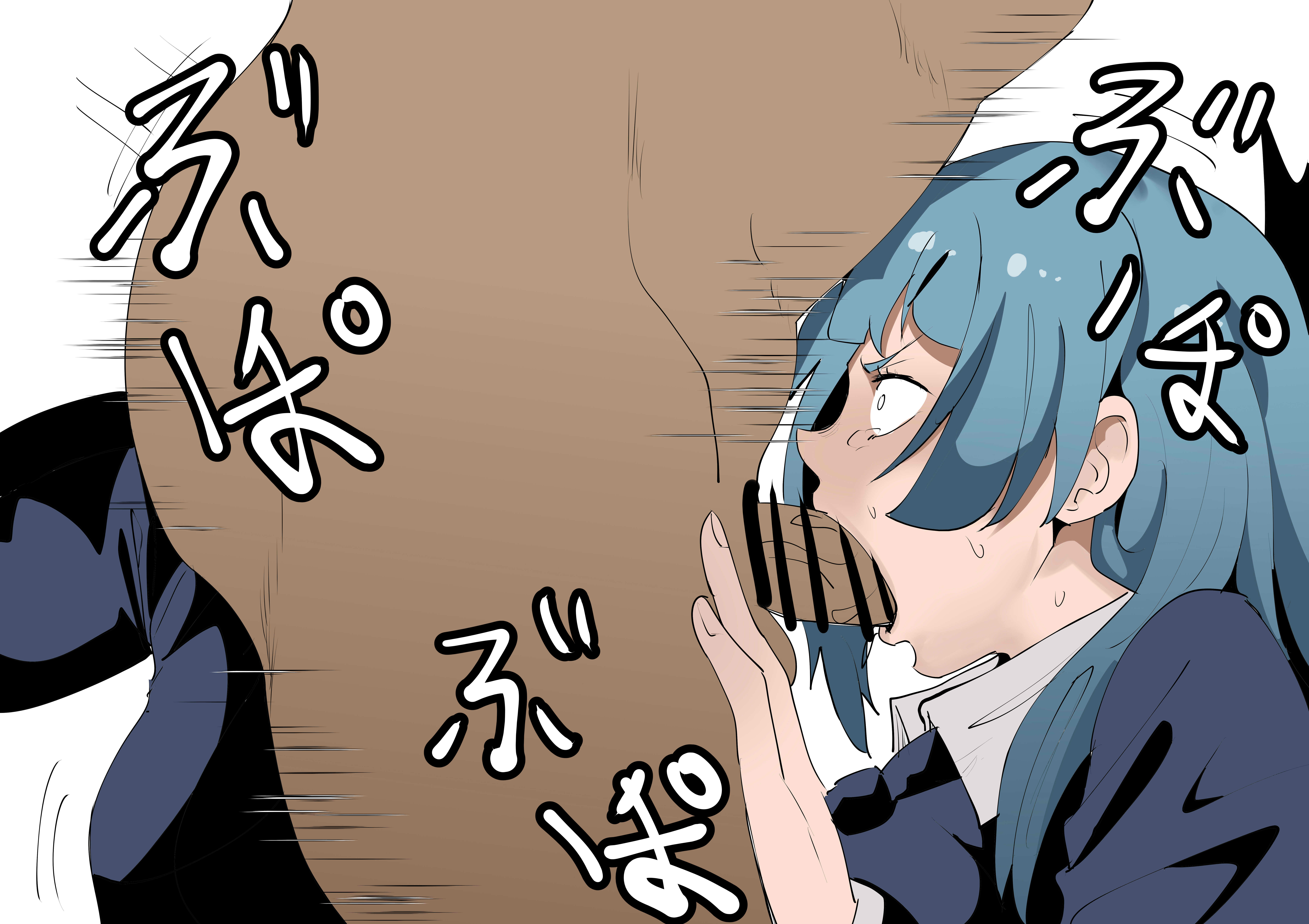 1boy, 1girls, blue eyes, blue hair, blue-haired female, censor bar, censored, censored penis, dark-skinned male, face fucking, fellatio, female, forced, irrumatio, jujutsu kaisen, kasumi miwa, long hair, male, nier (artist), oral, partial male, penis, rape, sex, straight, white background