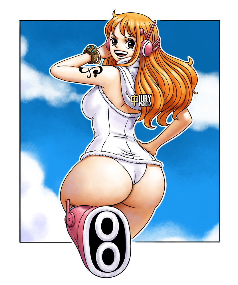 1girls ass ass_focus boots busty curvy dat_ass egghead female female_only iury_padilha log_pose looking_at_viewer looking_back nami nami_(one_piece) nami_(vegapunk_suit) no_pants one_piece orange_hair post-timeskip skimpy skimpy_clothes solo tattoo thick_thighs