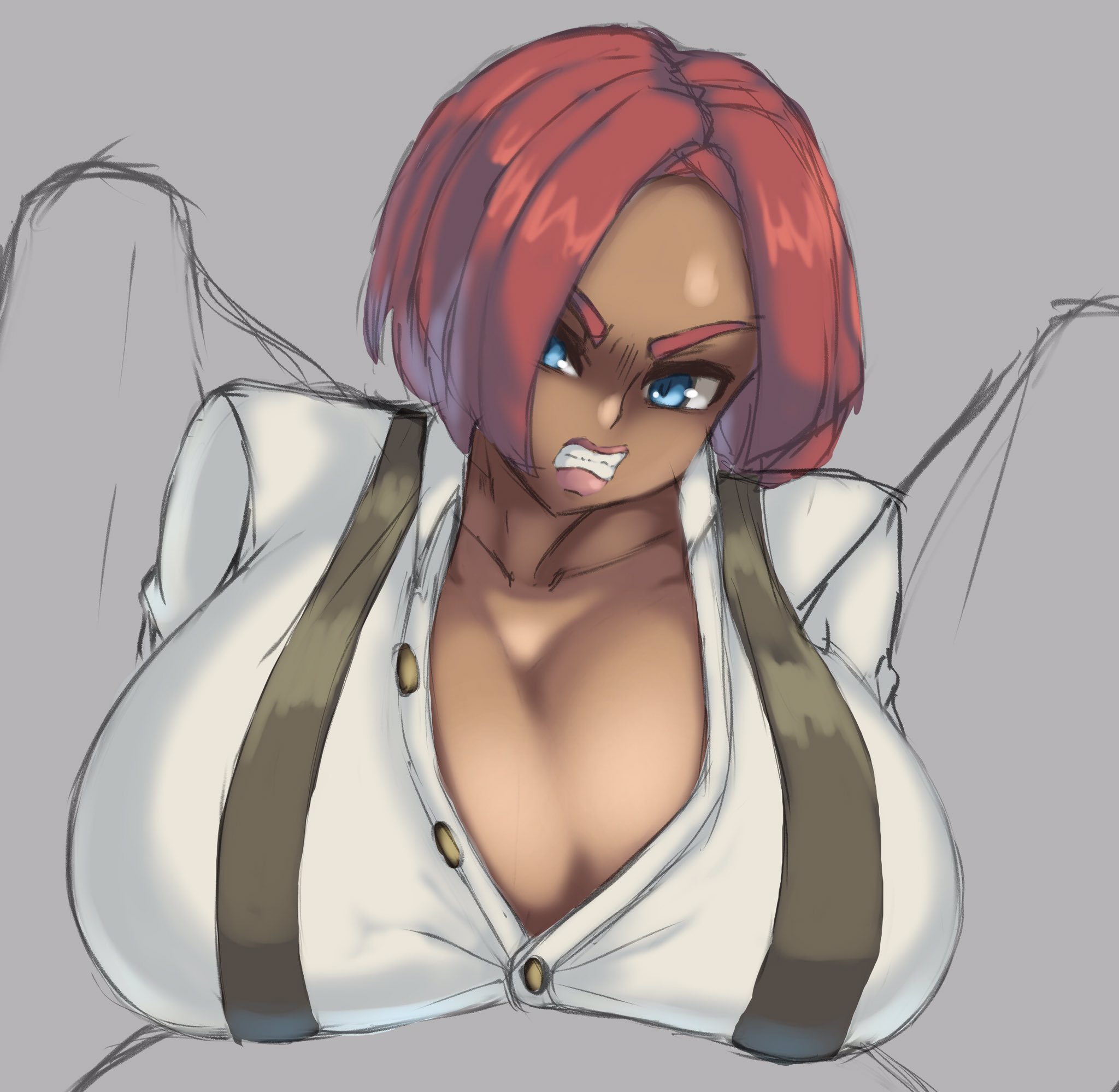 1boy, 1girls, alternate breast size, alternate version available, angry, brazilian, brazilian female, breasts, dizner, female, giovanna (guilty gear), guilty gear, implied paizuri, large breasts, male, paizuri, pov