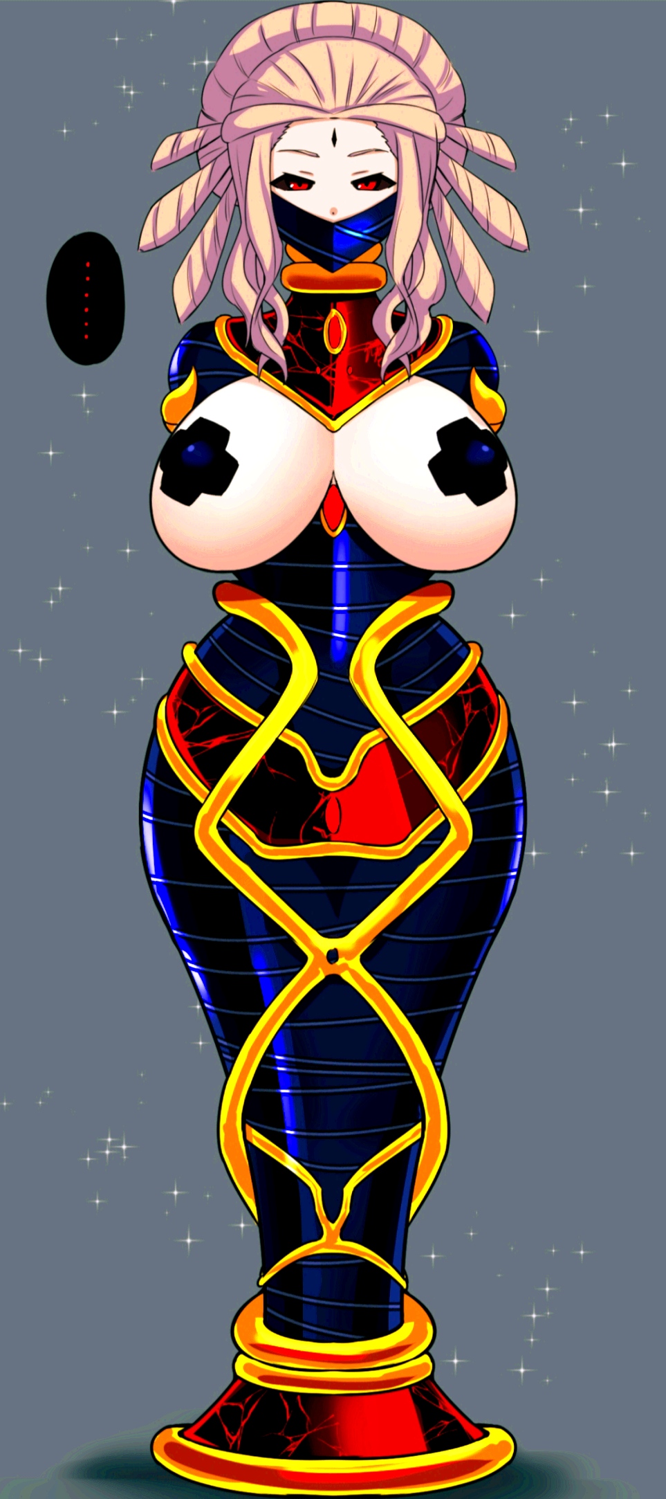 big boobs, big breasts, bondage, boobs, bound, breasts, female, femsub, gag, gagged, large breasts, mummification, mummification (bound), mummified, rebake-1453, red eyes, restrained, restraints, rwby, salem (rwby), solo, tape on nipples, villainess, white hair