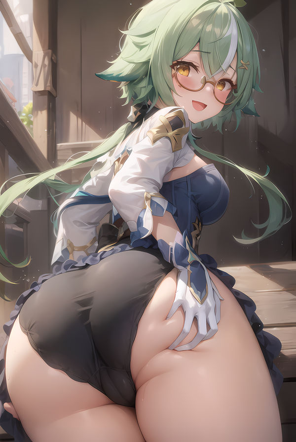 ai generated, animal ears, aqua hair, ass, ass focus, ass grab, blush, breasts, cameltoe, come hither, deep skin, dress, embarrassed, female, from behind, from below, genshin impact, glasses, gloves, green hair, hat, huge ass, long hair, looking at viewer, looking back, medium breasts, multicolored hair, open mouth, panties, pussy, shiny, shiny hair, shiny skin, short dress, sideboob, smile, solo, sucrose (genshin impact), two-tone hair, very long hair, yellow eyes