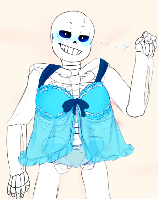 ...? 2010s 2015 animated_skeleton blue_blush blue_lingerie blush bottomless crossdressing lingerie nightgown panties sans sans_(undertale) simple_background skeleton solo suckmytrombone sweat undertale undertale_(series)