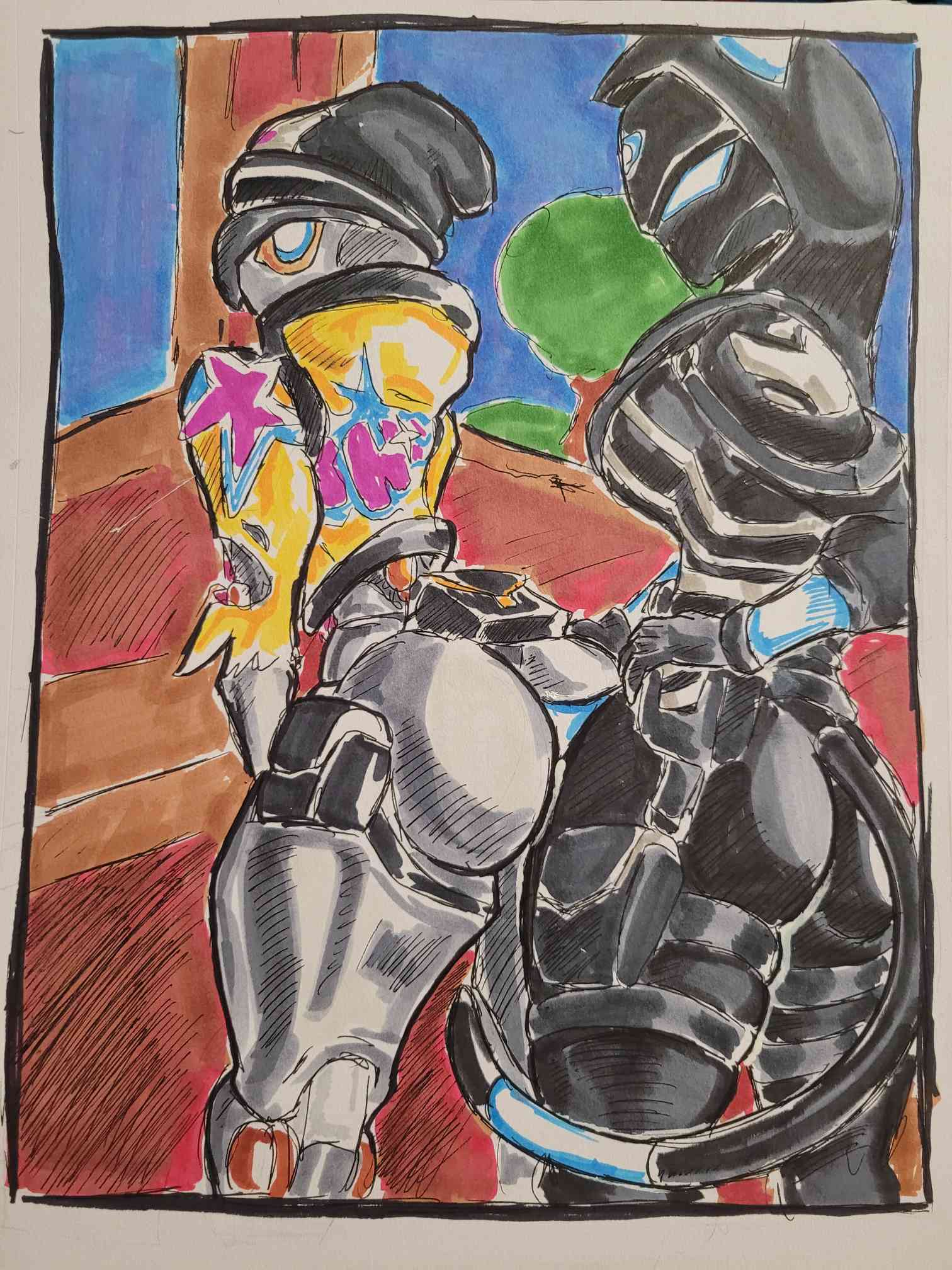 1futa 1girls anal ass back back_view big_ass bottomless clothed clothing duo female fortnite futa_on_female futanari honooafterdark hood humanoid jacket looking_back neuralynx_(fortnite) partially_clothed penis rebel_(fortnite) robot robot_girl robot_joints standing traditional_media_(artwork)