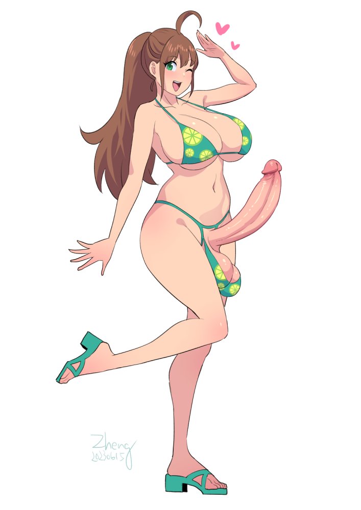 1futa ahoge balls big_balls big_breasts bikini breasts brown brown_hair casual_erection casual_nudity clothed clothing erection feet footwear futa_only futanari green_eyes huge_breasts huge_cock human kamiya_midori light-skinned_futanari light_skin long_hair mostly_nude original original_character penis ponytail sandals solo standing toes uncensored zheng