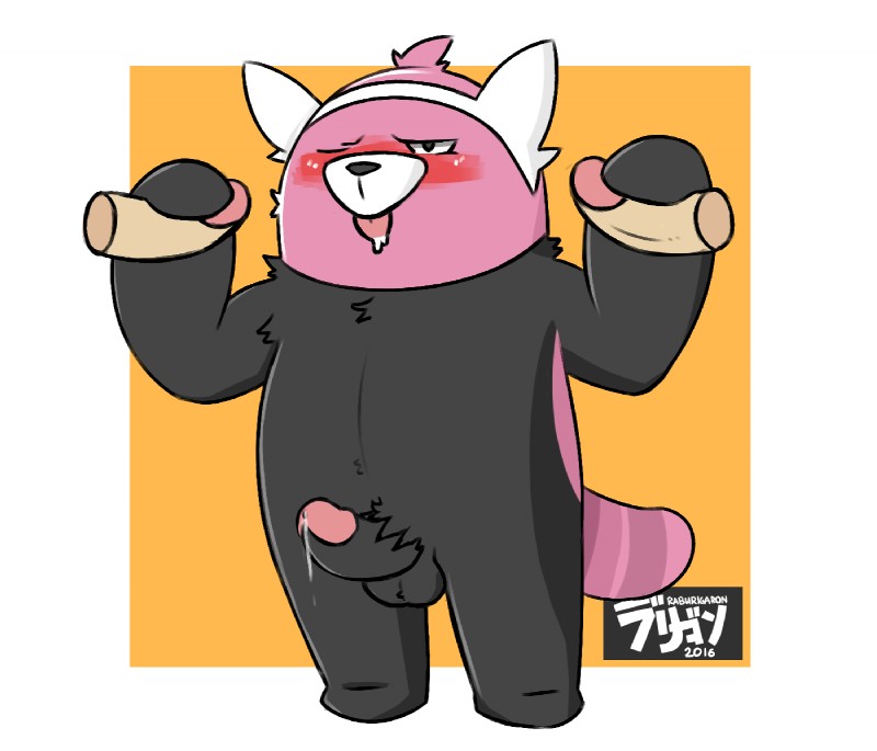 1boy anthro artist_name bewear black_fur blush cum disembodied_penis furry gay handjob penis pokémon_(species) pokemon raburigaron standing threesome tongue_out