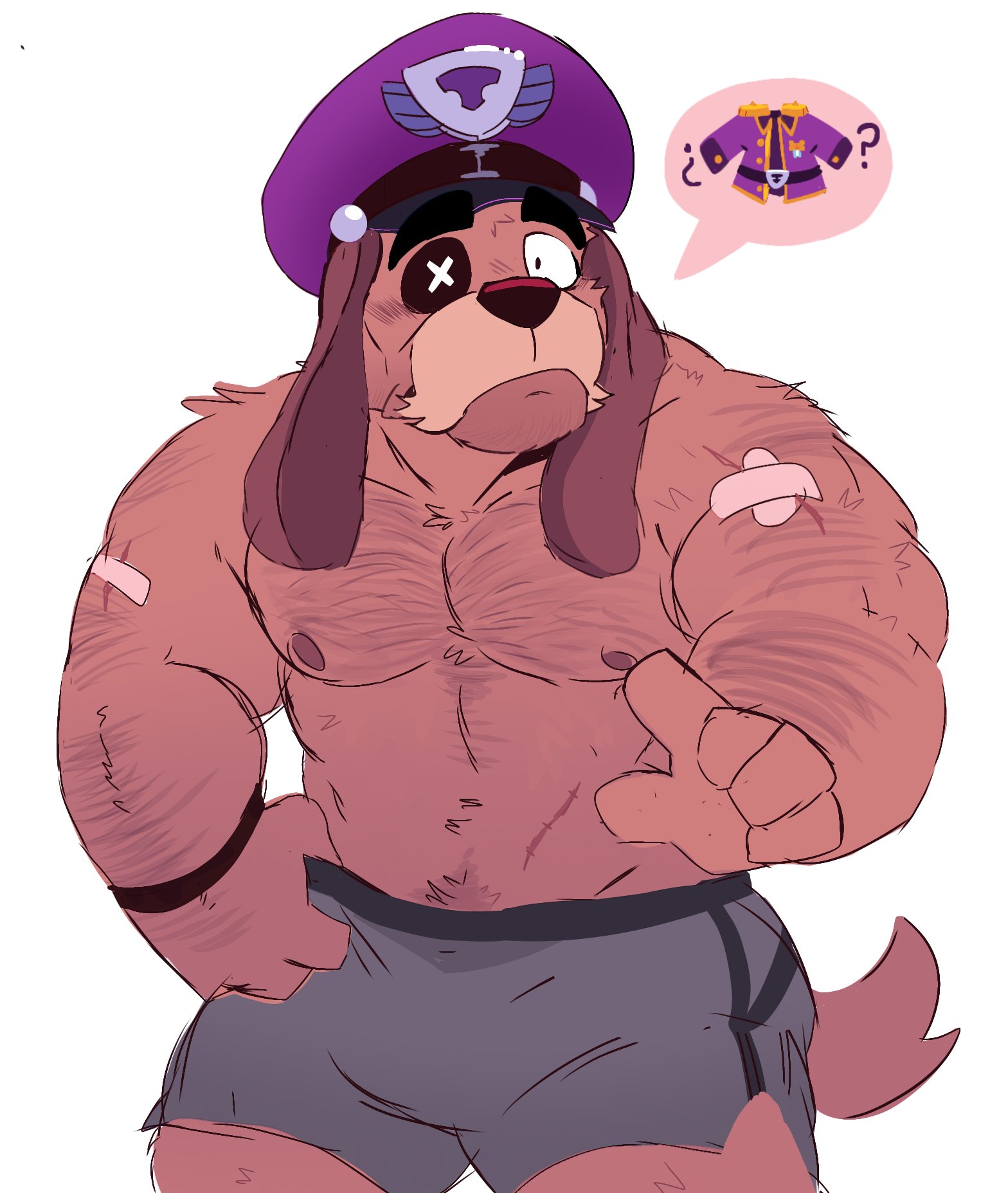 bandages, bara, brawl stars, buff, canine, colonel ruffs, dog, eyepatch, fur, gay, hairy, hairy male, hat, looking at viewer, male, male only, mrpandhew, scars, tagme, underwear, yaoi