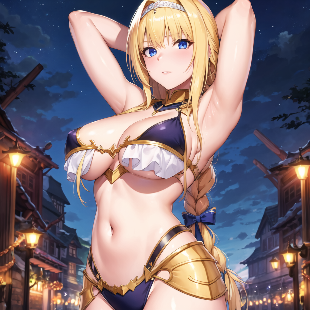 1girls ai_generated alice_schuberg alice_synthesis_thirty bikini_armor blonde_hair curvy_body curvy_female curvy_figure erect_nipples female_only huge_breasts long_hair nipple_bulge seductive_look solo_focus stable_diffusion sword_art_online