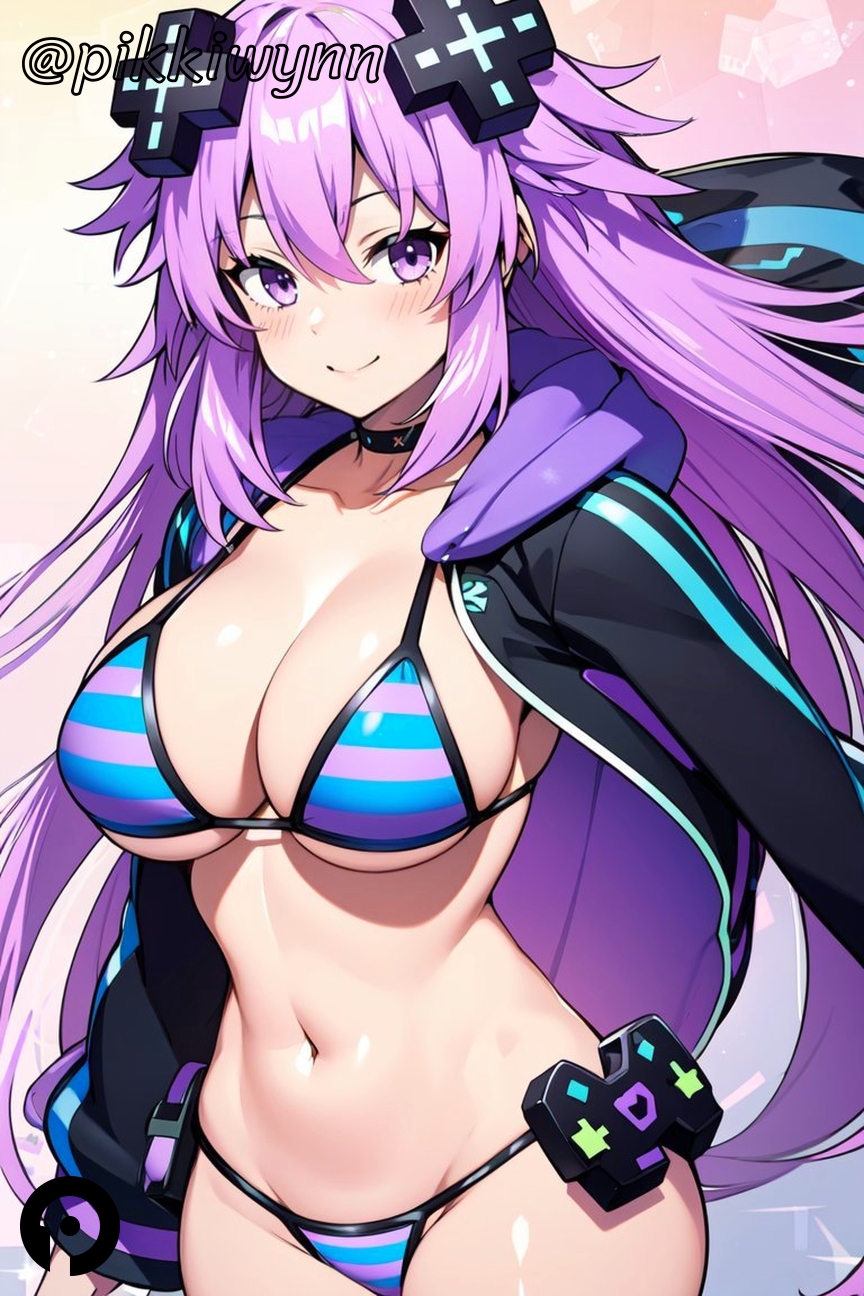 ai_generated bikini black_choker black_jacket blush breasts choker cleavage collarbone d-pad d-pad_hair_ornament female hair_ornament hood hooded_jacket jacket large_breasts long_hair looking_at_viewer navel neptune_(neptunia) neptunia_(series) open_clothes open_jacket pikkiwynn purple_eyes purple_hair smile solo stomach striped striped_bikini swimsuit