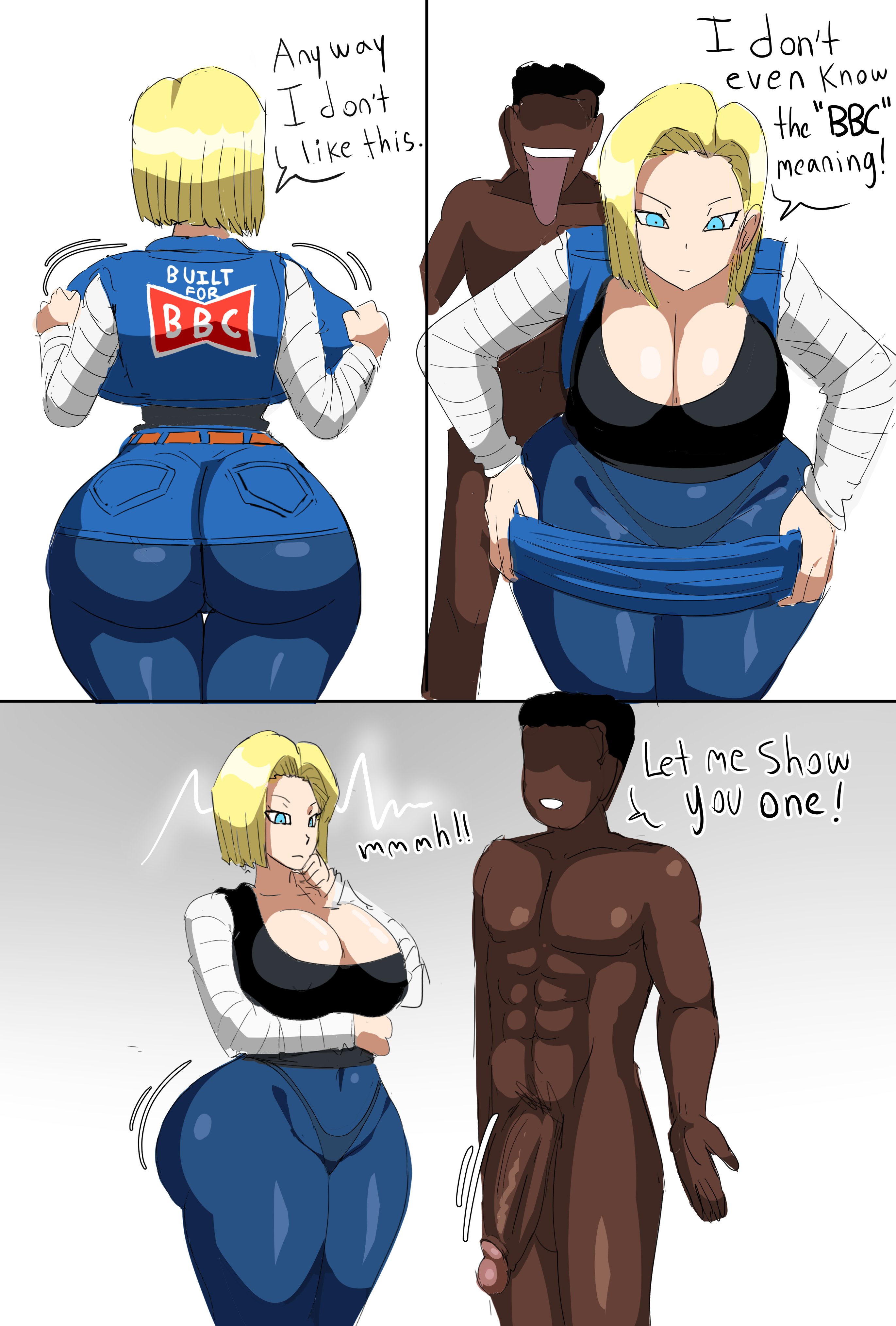 1boy, 1girls, 2d, 2d (artwork), android 18, ass, big ass, big breasts, big butt, blonde female, blonde hair, bottom heavy, breasts, cfnm, comic, dark skin, dark-skinned male, dragon ball, dragon ball super, dragon ball z, english text, erection, erection under clothes, female, gtsn17, huge ass, huge breasts, huge butt, imminent sex, interracial, large ass, large breasts, large butt, light skin, light-skinned female, male, male/female, naked, naked male, penis, penis awe, penis out, text, thick thighs