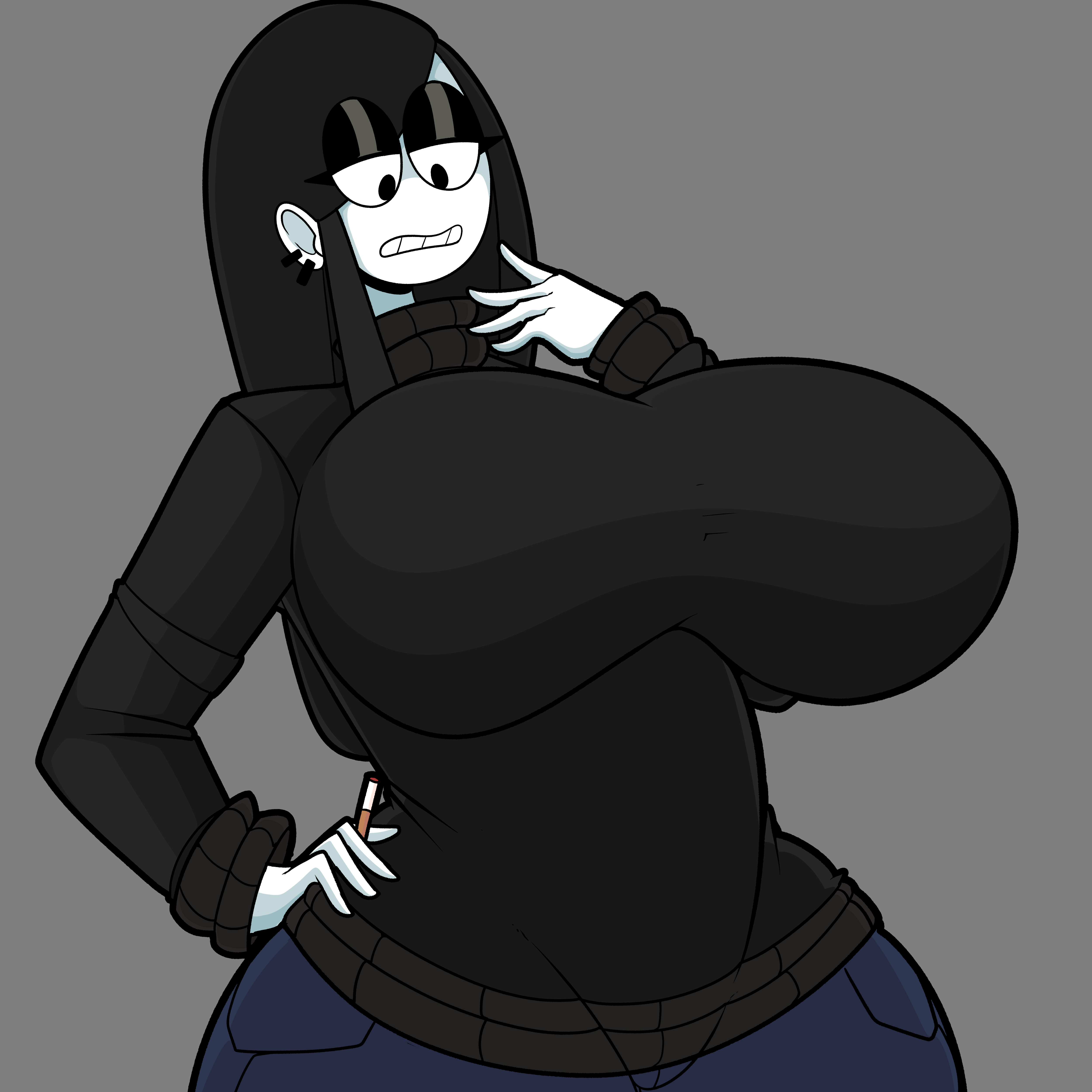 1girls, big breasts, black hair, breasts, busty, cigarette, clothing, ear piercing, female, female only, goth, goth girl, huge breasts, large breasts, massive breasts, piercing, saltynoodles, solo, sweater, veronica (saltynoodles), white skin, wide hips