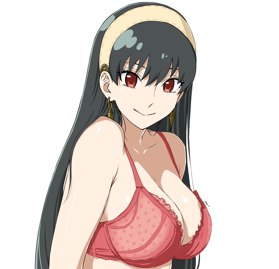 1girls, black hair, bra, breasts, earrings, female, female only, headband, human, long hair, red bra, red eyes, smile, smiling at viewer, solo, spy x family, yor briar, yor forger