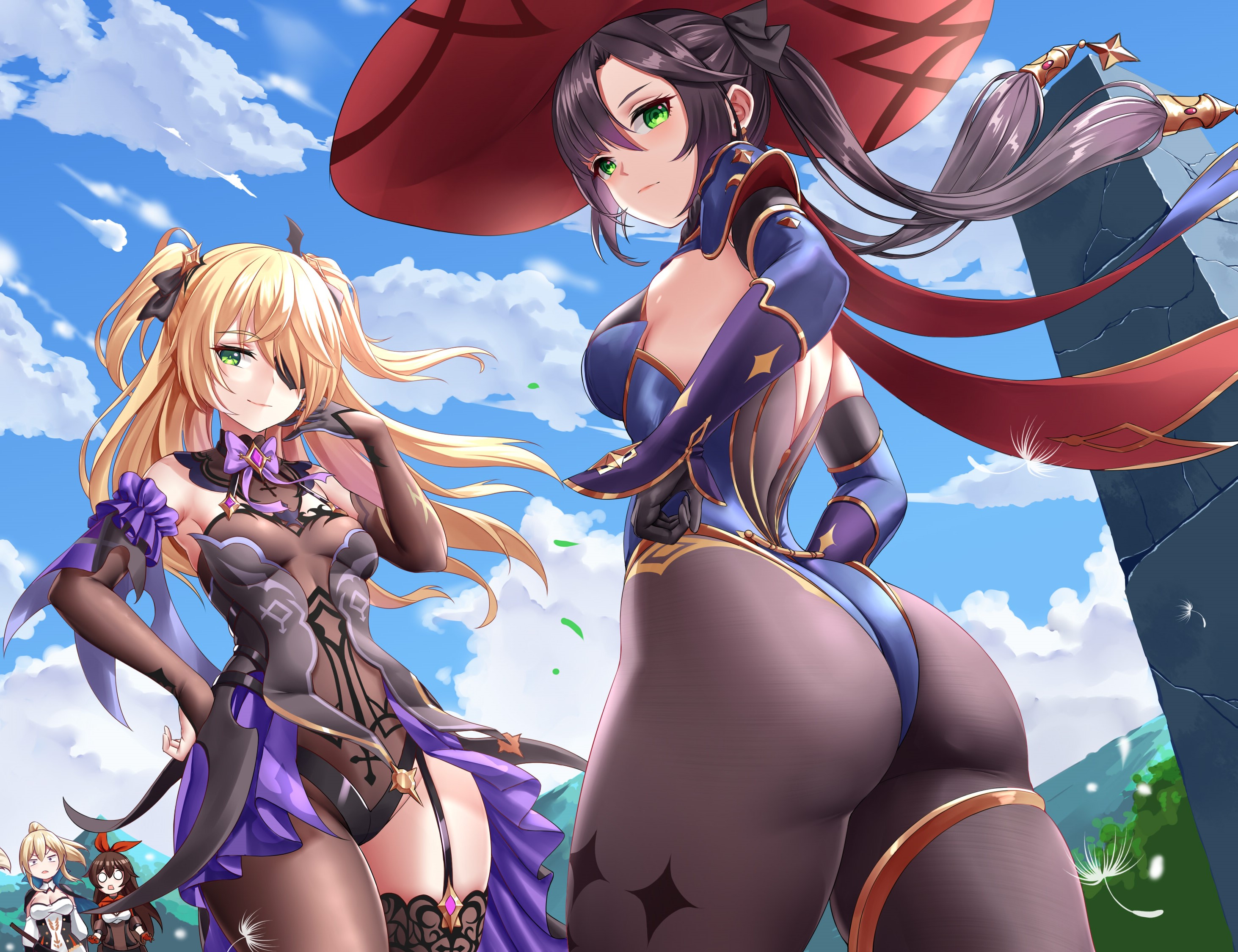 4girls, amber (genshin impact), ass, back view, big ass, big butt, blonde hair, breasts, chitu hefeng zhong, eye patch, female, female only, fischl (genshin impact), genshin impact, gloves, green eyes, hat, jean gunnhildr, leotard, long hair, looking at viewer, looking back, mona (genshin impact), multiple females, multiple girls, outdoors, outside, pantyhose, sky, small breasts, thick ass, thick thighs, twintails