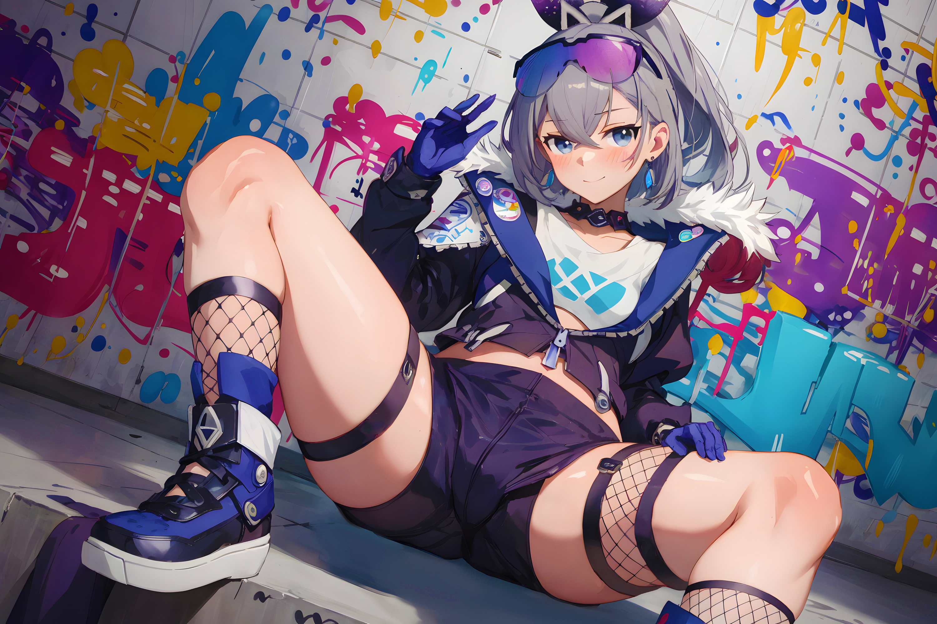 1girls, 2d, ai generated, boots, crop top, female, fishnets, fur trim, fur-trimmed jacket, fus ai, goggles on head, grey eyes, grey hair, hi res, honkai: star rail, long hair, looking at viewer, midriff, open jacket, ponytail, short shorts, silver eyes, silver hair, silver wolf (honkai: star rail), smile, solo, spread legs, tank top, thigh strap, thighs, white shirt